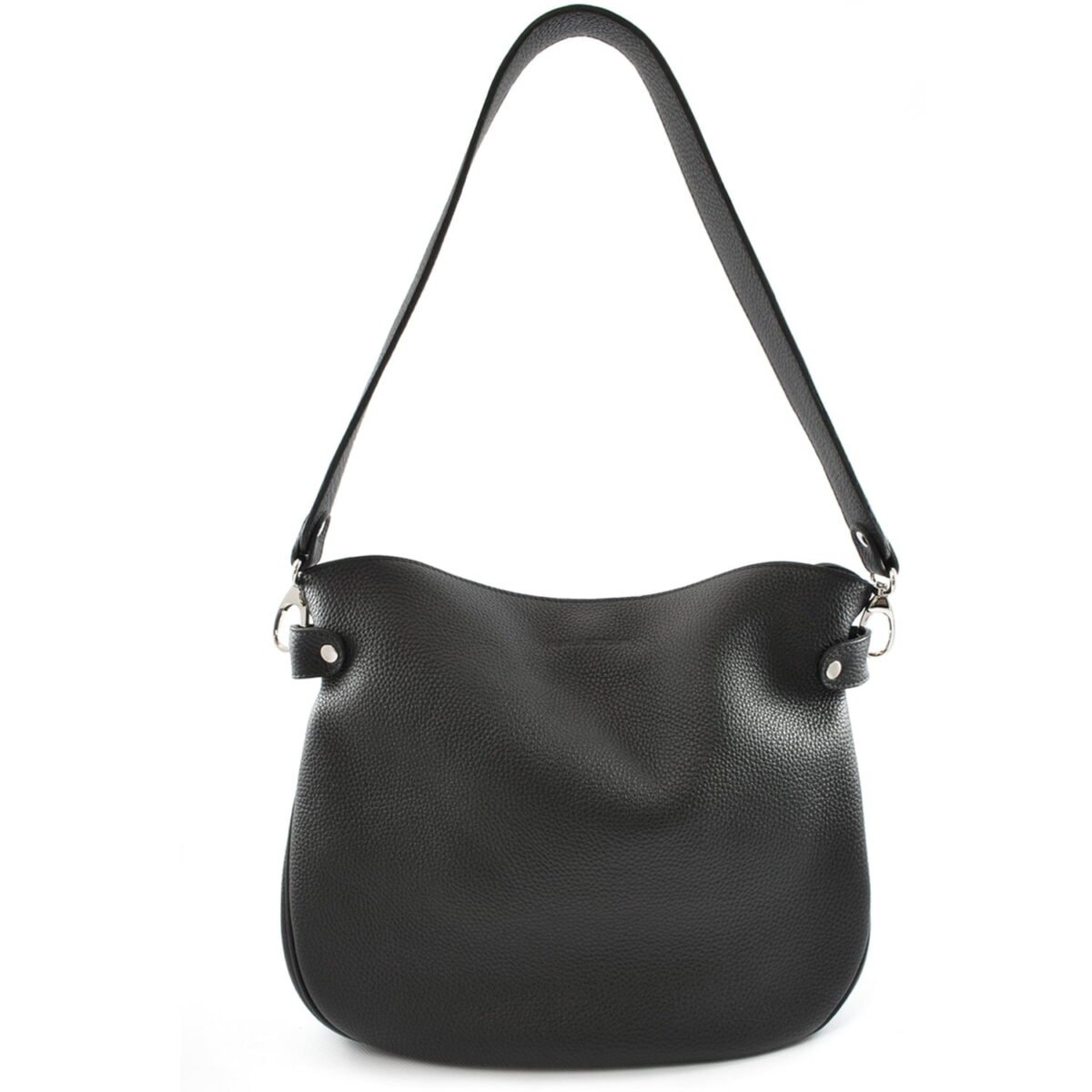 Sac bandoulière en cuir noir GABY avec finitions argentées et bord supérieur incurvé.