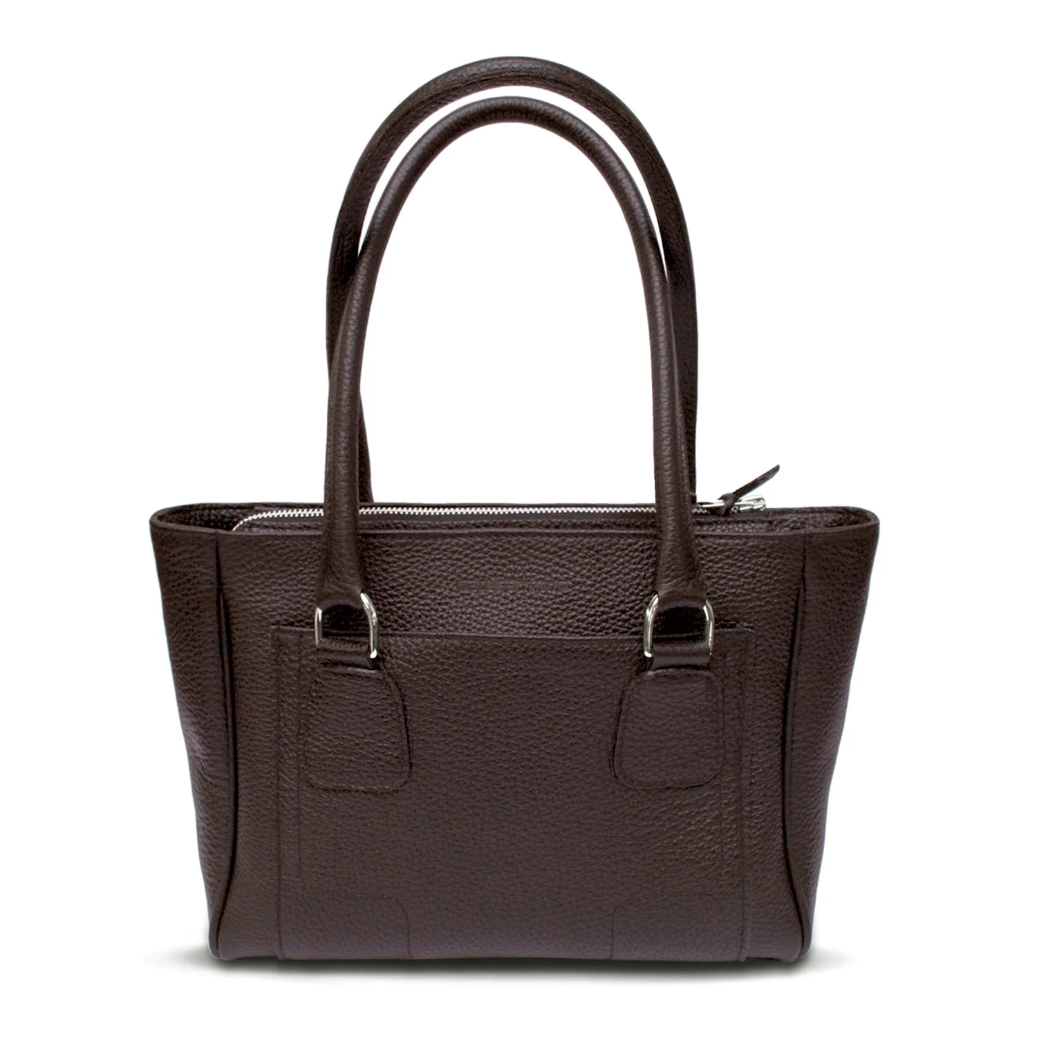 Un sac à main en cuir marron foncé avec deux poignées et une surface texturée est présenté sur un fond blanc.