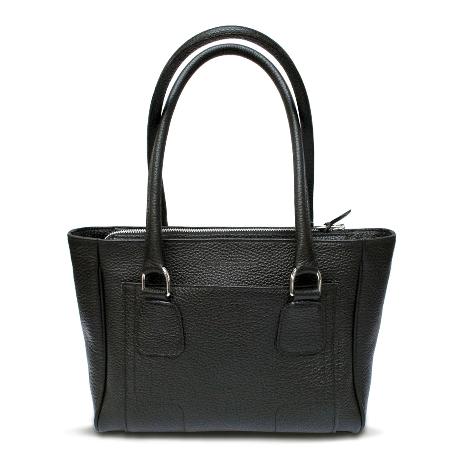 Sac à main en cuir noir avec deux poignées et une fermeture zippée.
