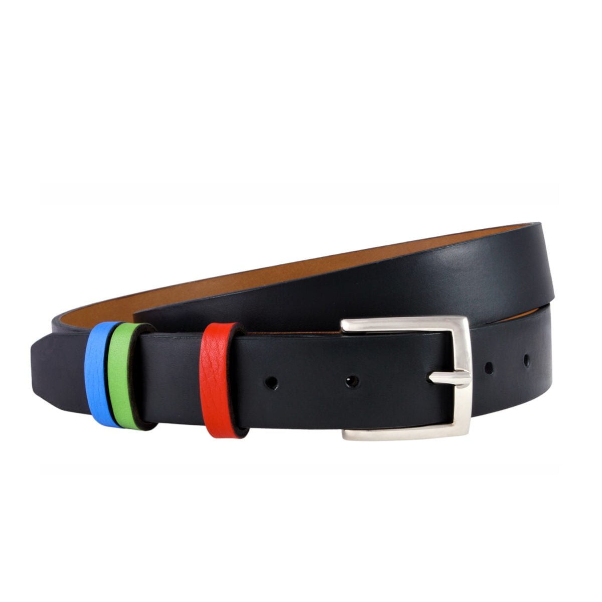 Une ceinture en cuir cognac avec une boucle argentée et trois boucles colorées : bleu, vert et rouge, décrite comme la CEINTURE GERIKOLOR COGNAC 3CM.