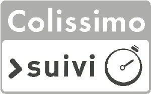 Logo avec texte Colissimo suivi et icône chronomètre sur fond gris.