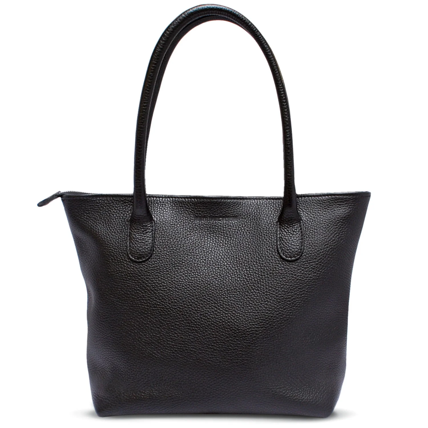 Sac fourre-tout en cuir noir avec deux longues poignées et une surface texturée.