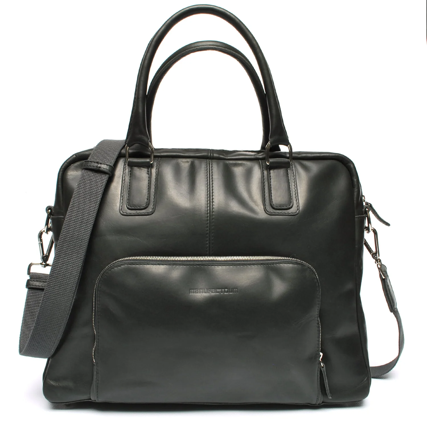 Un sac à main en cuir vert foncé avec deux poignées, une poche avant zippée et une bandoulière réglable.