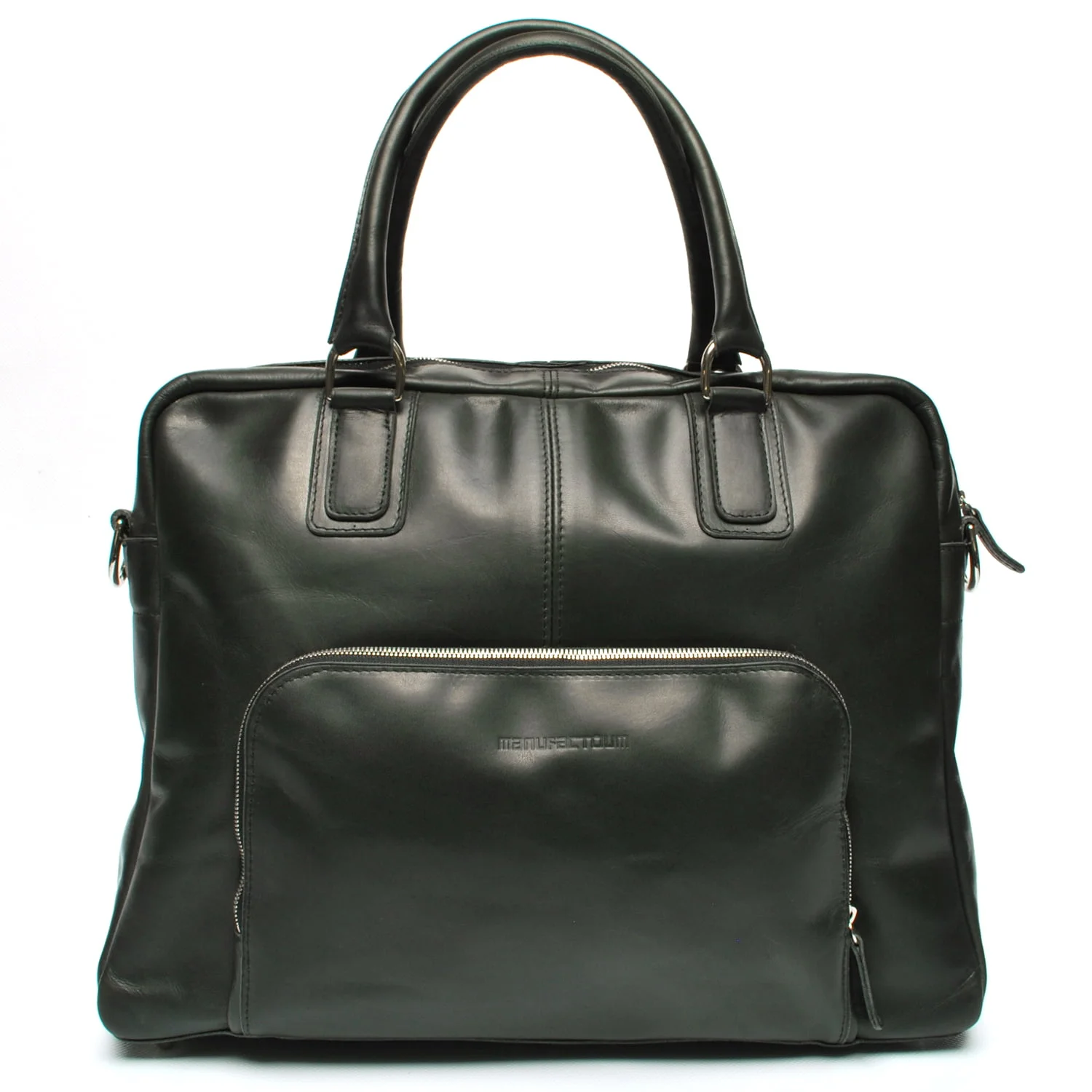 Porte-documents en cuir noir avec deux poignées et une poche avant zippée.