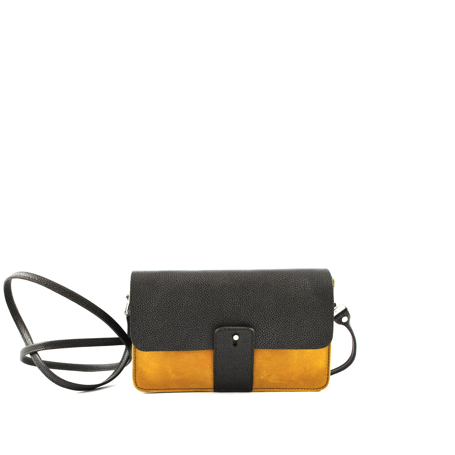 Un petit sac à main bandoulière noir et moutarde avec une fermeture à rabat et une longue bandoulière.
