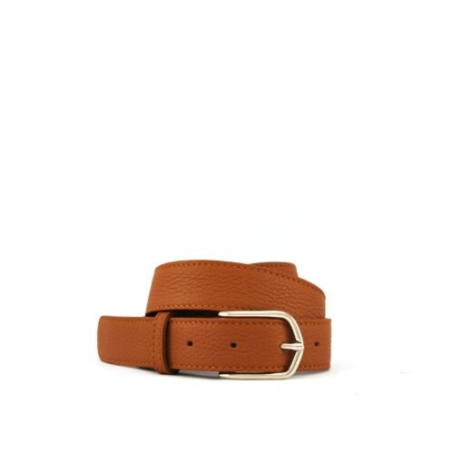 Une ceinture en cuir marron enroulée avec une boucle argentée sur un fond blanc uni.
