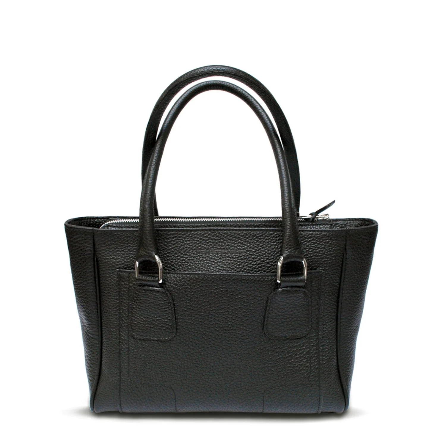 Un sac à main en cuir noir avec deux poignées et une fermeture zippée sur le dessus.