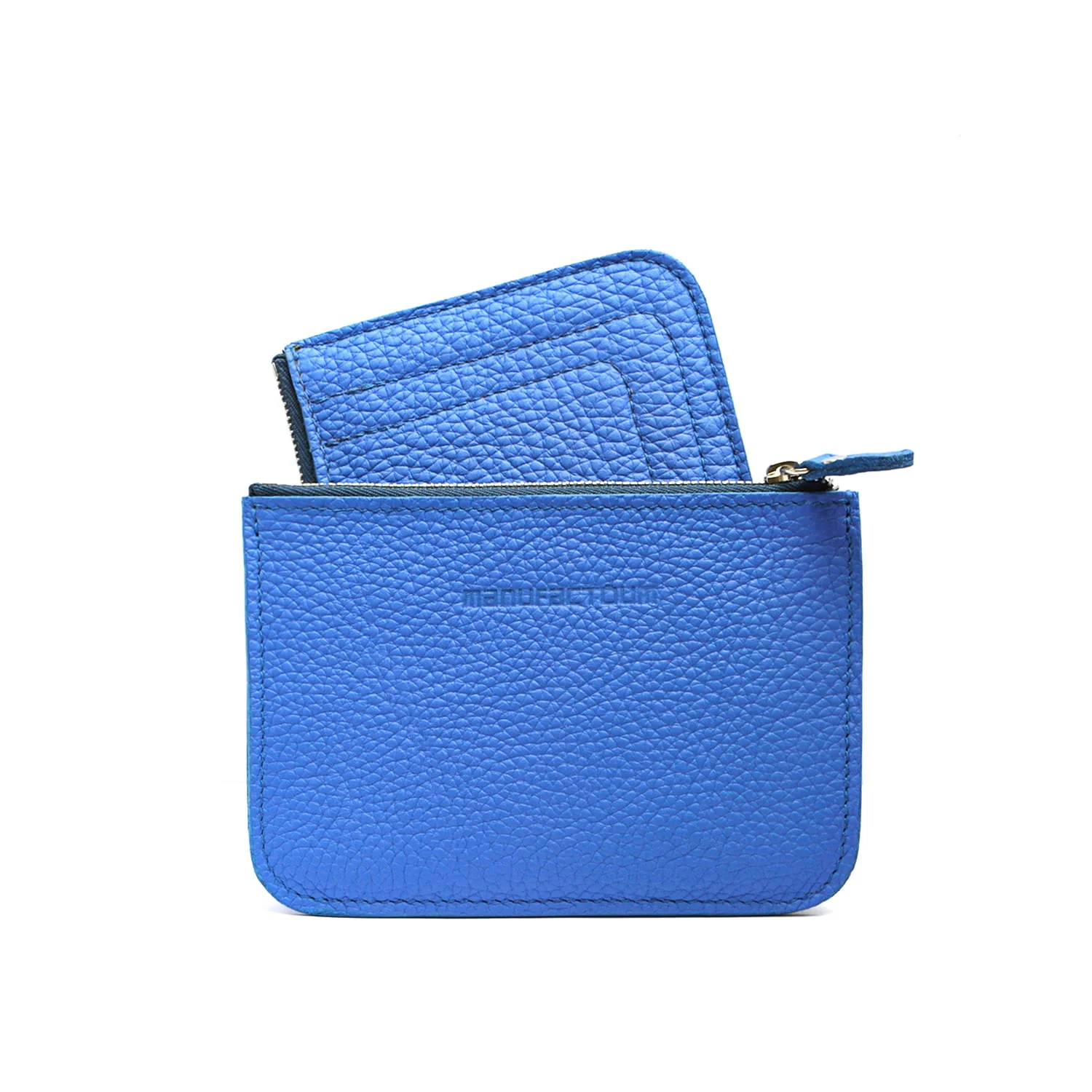 Pochette zippée en cuir bleu avec un compartiment supplémentaire visible.