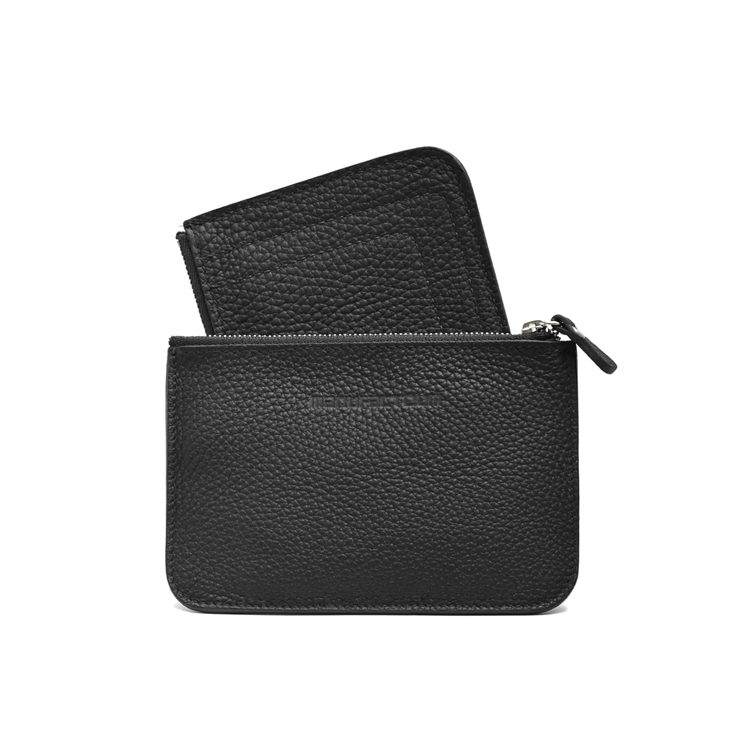 Portefeuille en cuir noir avec fermeture éclair et porte-cartes amovible assorti.