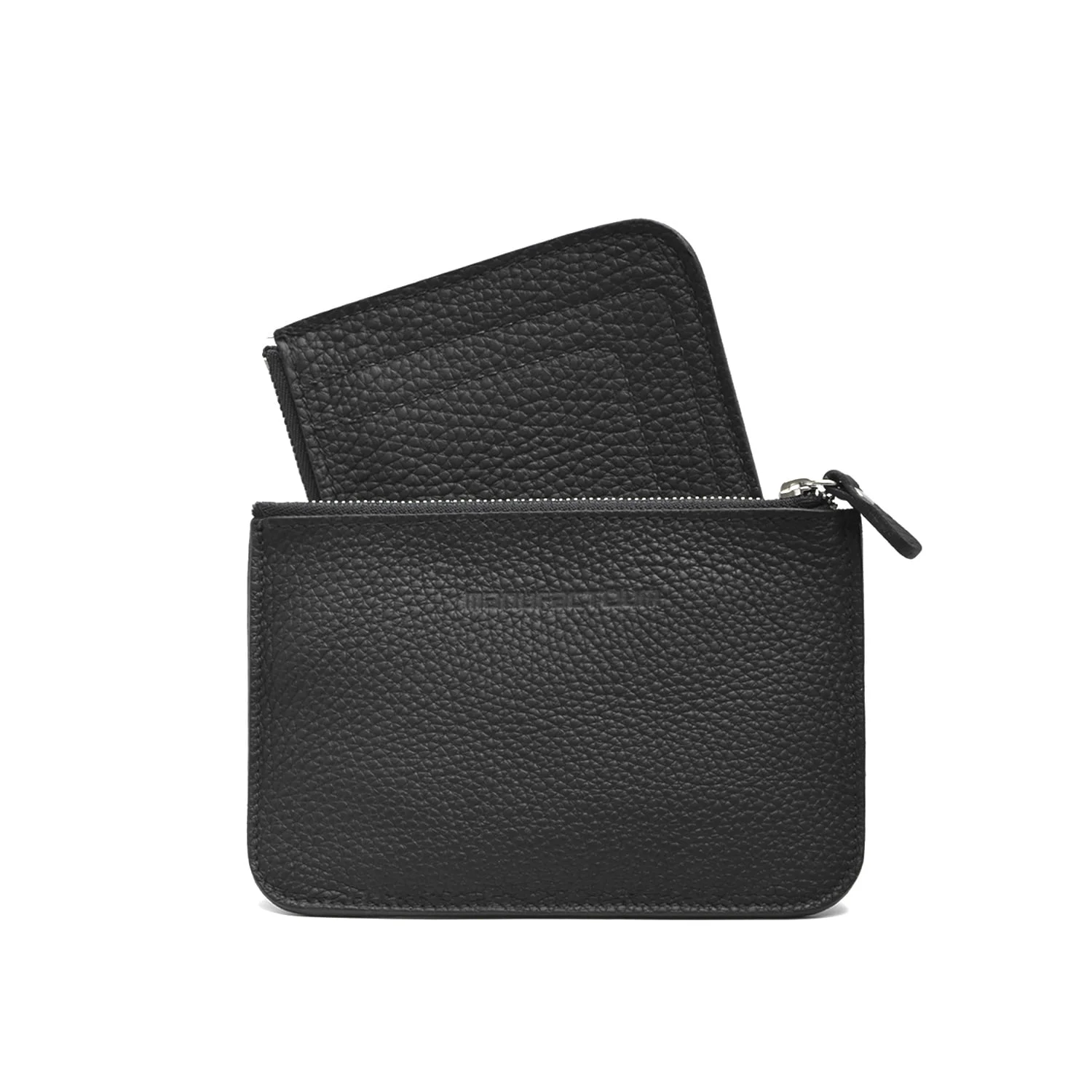 Pochette en cuir texturé noir avec fermeture éclair, partiellement ouverte avec une pochette similaire plus petite à l'intérieur.