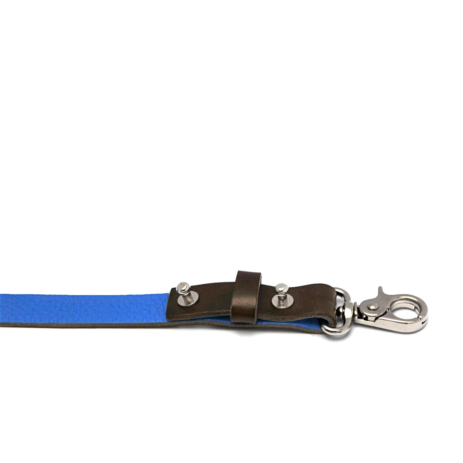 Gros plan d'une laisse pour chien en cuir bleu avec un fermoir en métal et des accents en cuir marron.