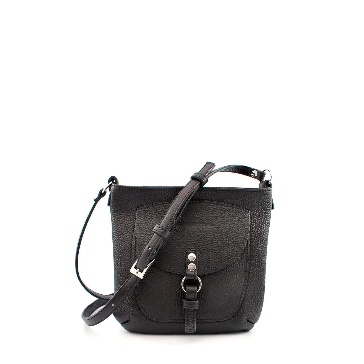 Un sac à bandoulière en cuir noir avec une poche avant et une boucle.