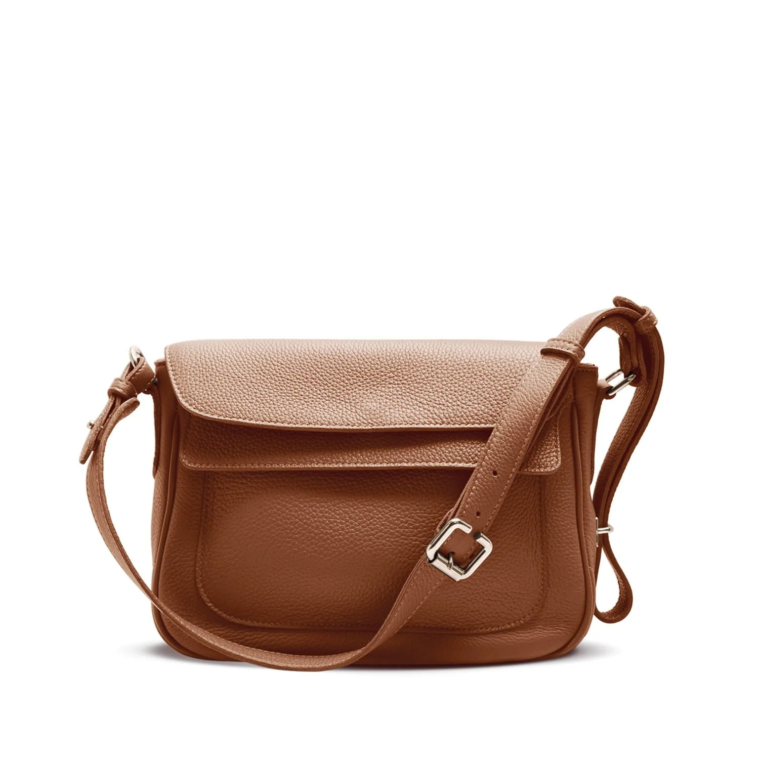 Sac bandoulière en cuir marron avec fermeture à rabat et bandoulière réglable.