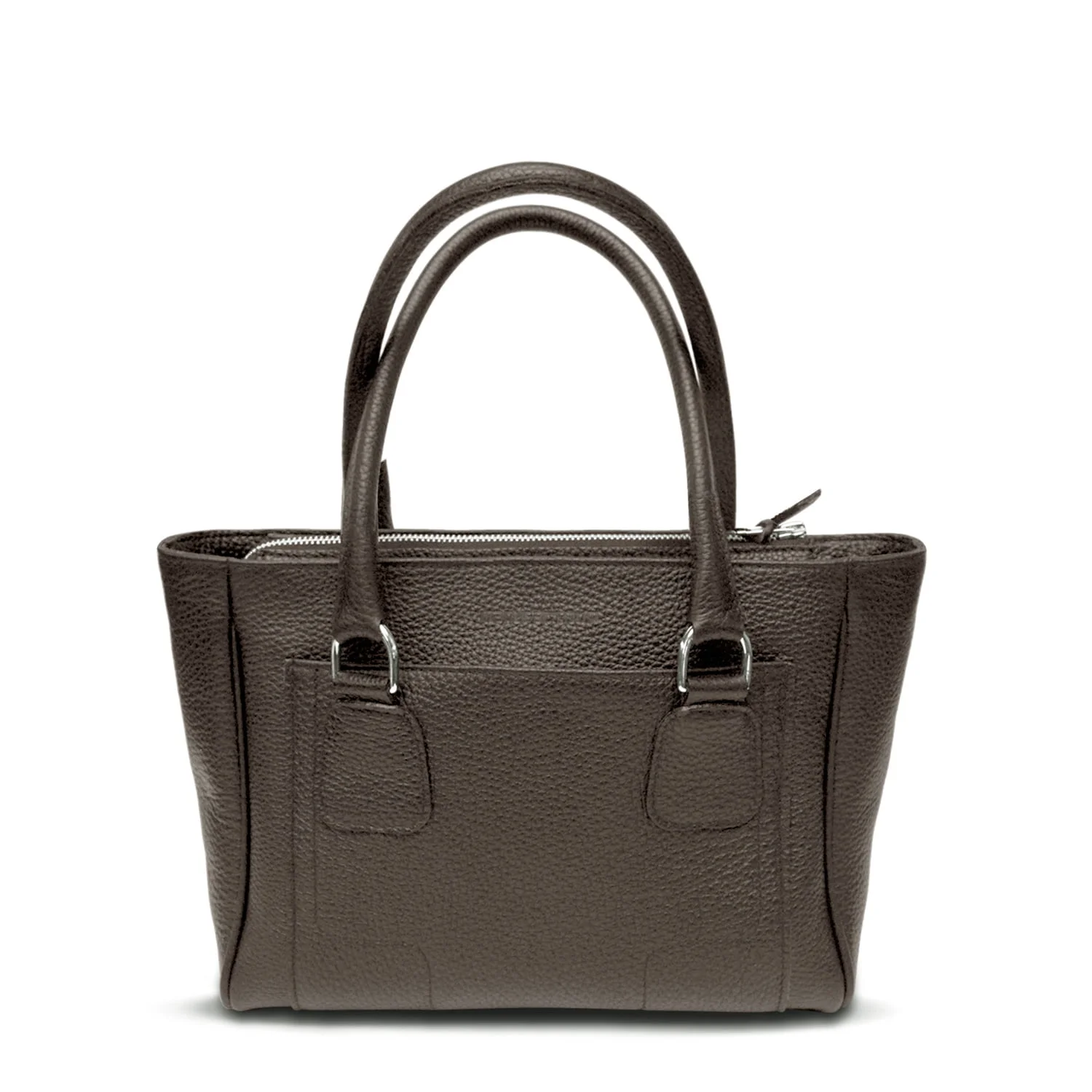 Un sac à main en cuir marron foncé avec deux poignées et une fermeture zippée, avec une surface texturée.
