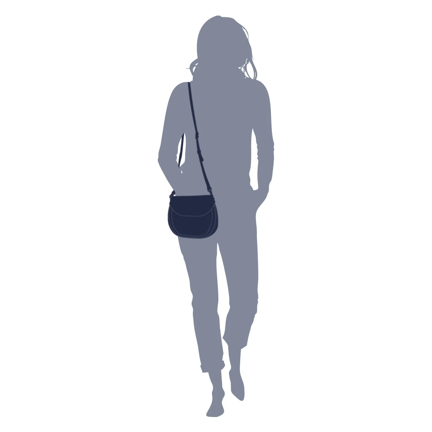 Silhouette d'une personne marchant, portant des vêtements décontractés et portant un sac à bandoulière.