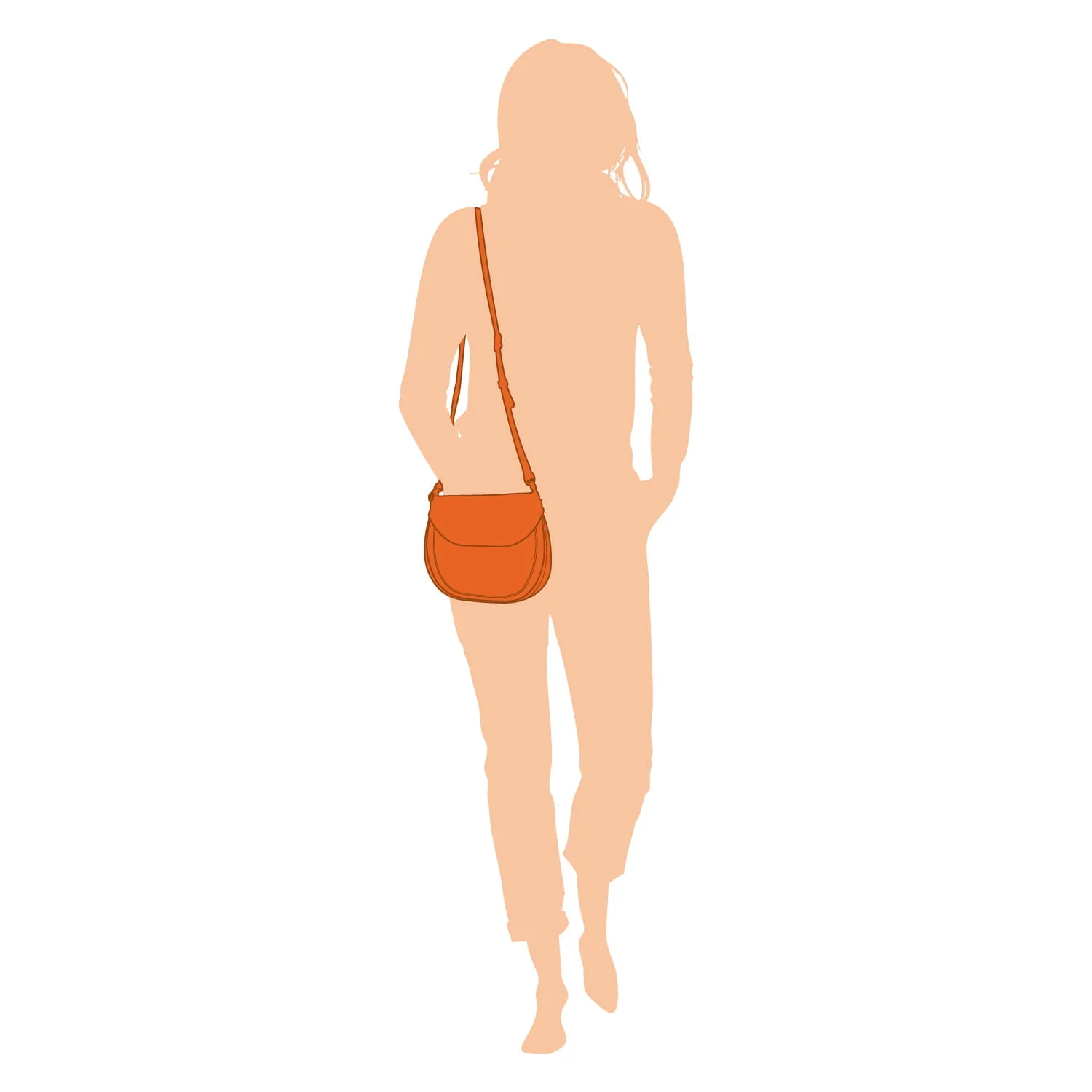 Silhouette d'une personne marchant avec un sac à bandoulière orange, sur fond blanc.