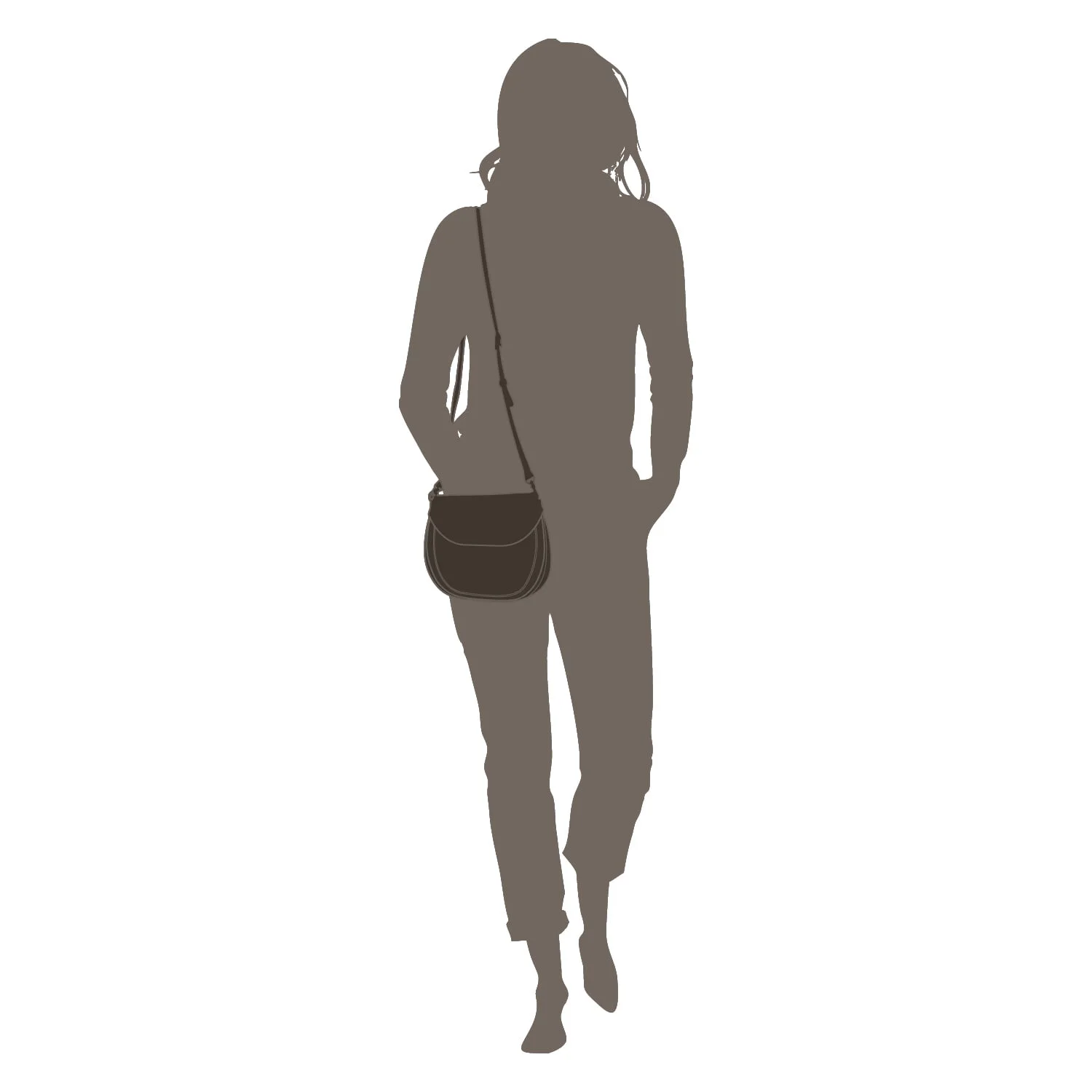 Silhouette d'une personne marchant avec un sac à bandoulière, portant des vêtements décontractés.