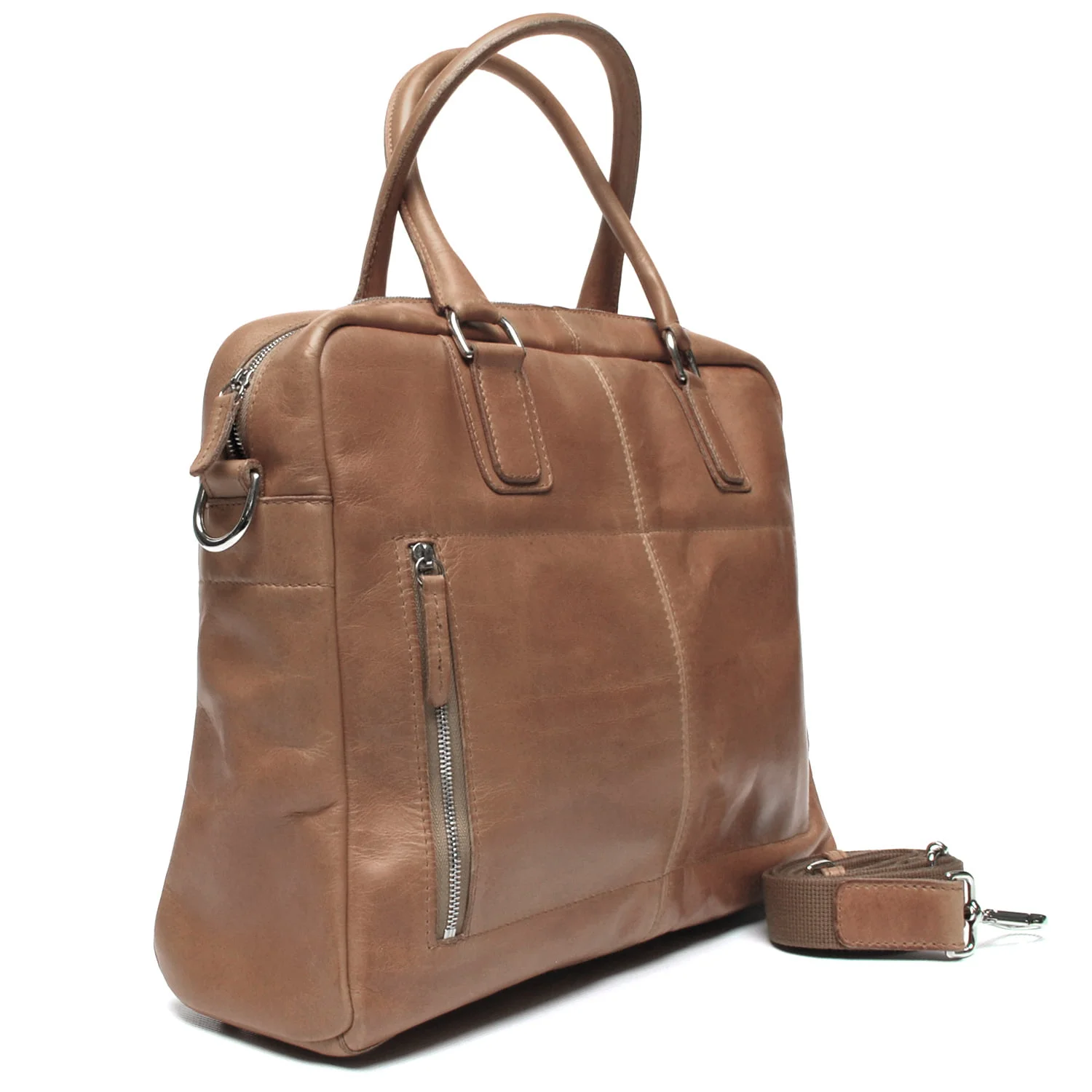 Sac à main en cuir marron avec deux poignées, une bandoulière amovible et une poche avant zippée.