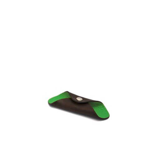 Un étui en cuir vert et noir avec une fermeture à bouton-pression est présenté sur un fond blanc uni.