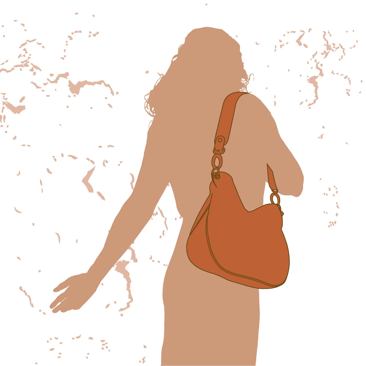 Silhouette d'une personne aux cheveux longs tenant un sac à bandoulière, sur un fond texturé.