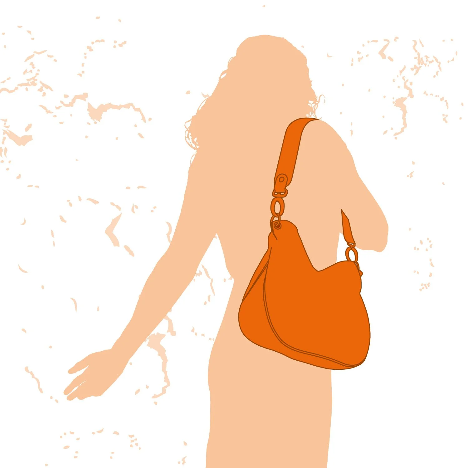 Silhouette d'une personne tenant un sac orange sur un fond blanc texturé.