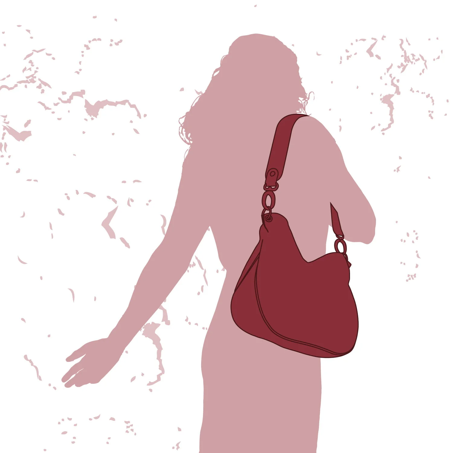 Silhouette d'une personne aux cheveux ondulés tenant un grand sac sur son épaule, sur fond moucheté.