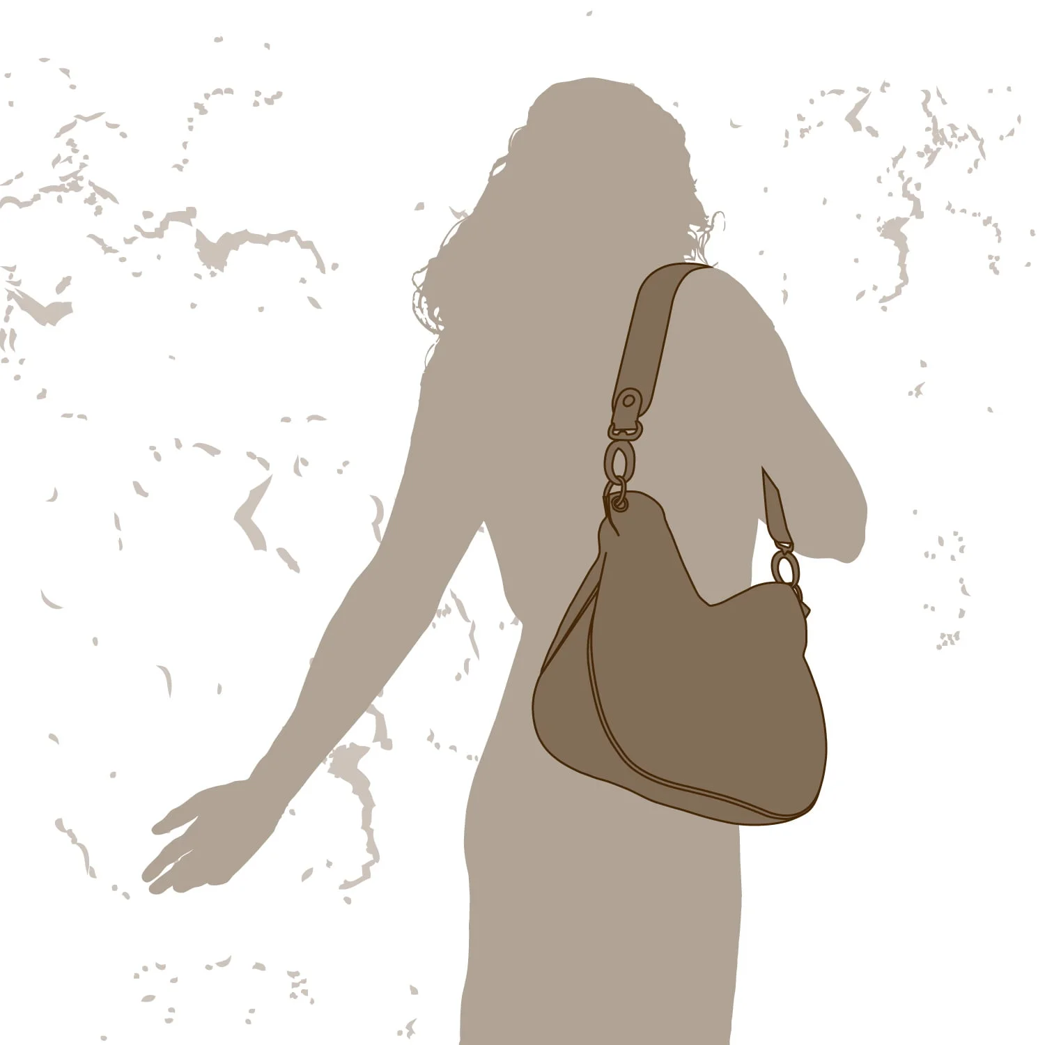 Silhouette d'une personne aux cheveux longs portant un sac à bandoulière, debout sur un fond texturé.