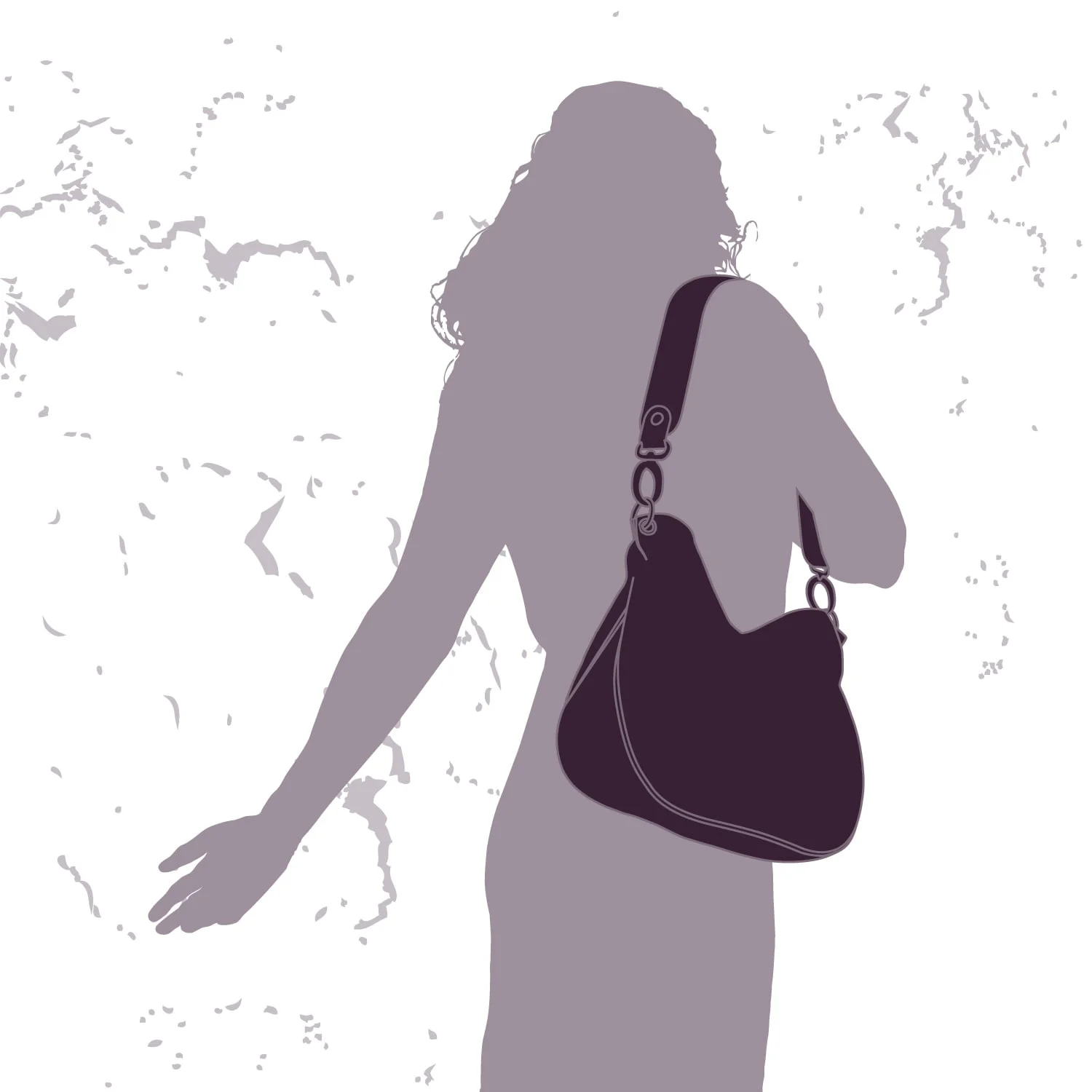 Silhouette d'une personne aux cheveux ondulés portant un sac à bandoulière, debout sur un fond texturé.