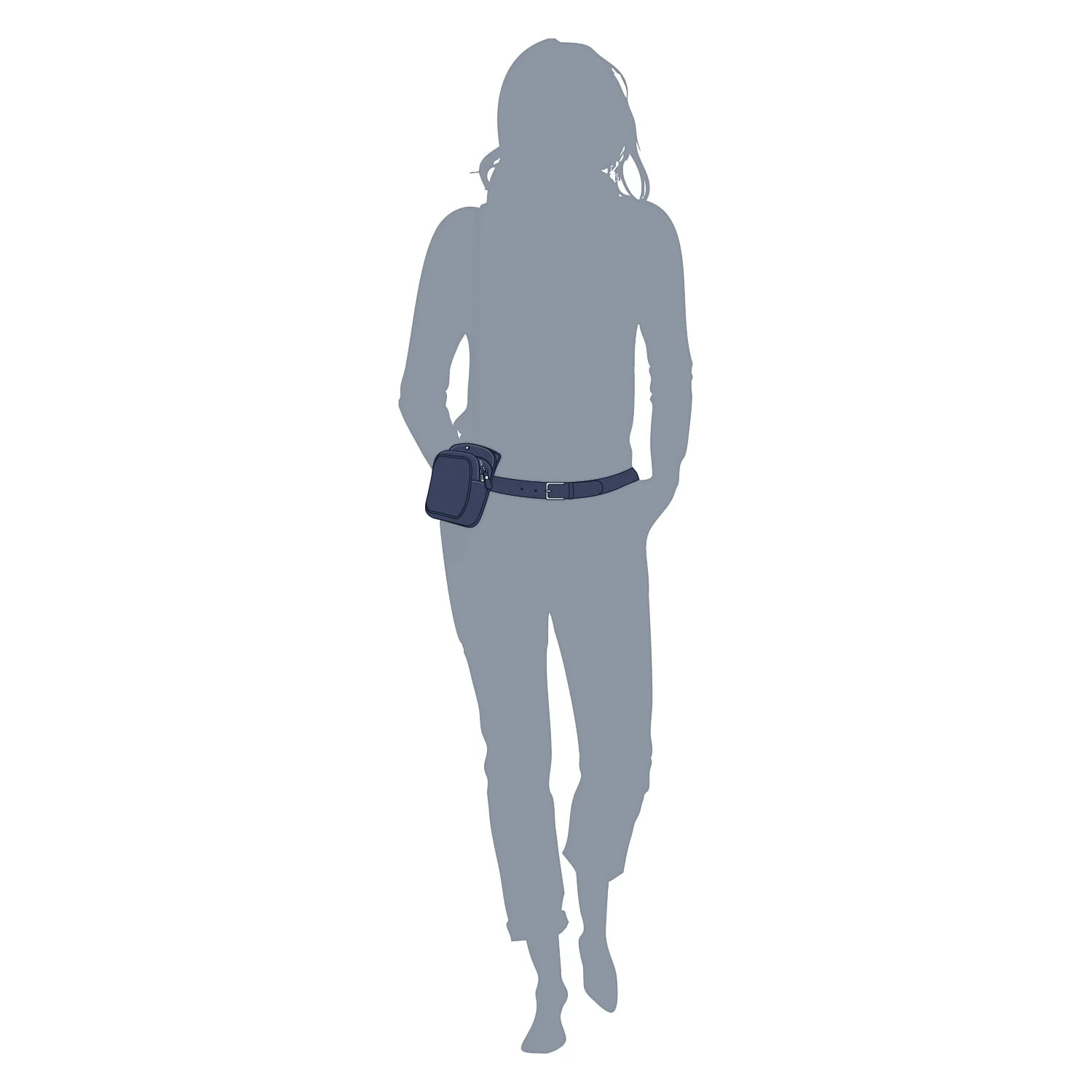 Silhouette d'une personne marchant en avant avec les mains dans les poches et un petit sac sur la hanche.