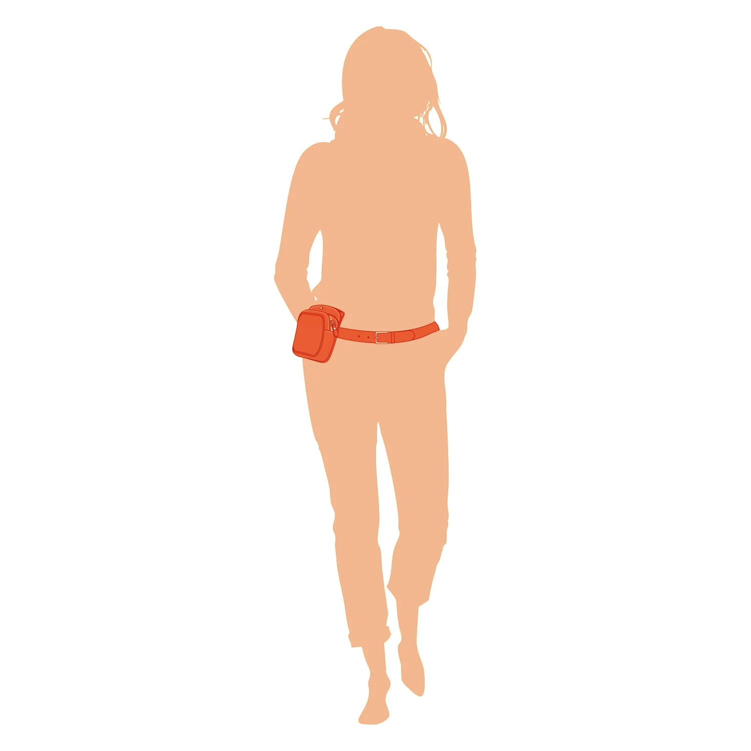 Silhouette d'une personne marchant avec un sac bandoulière orange porté comme sac ceinture.