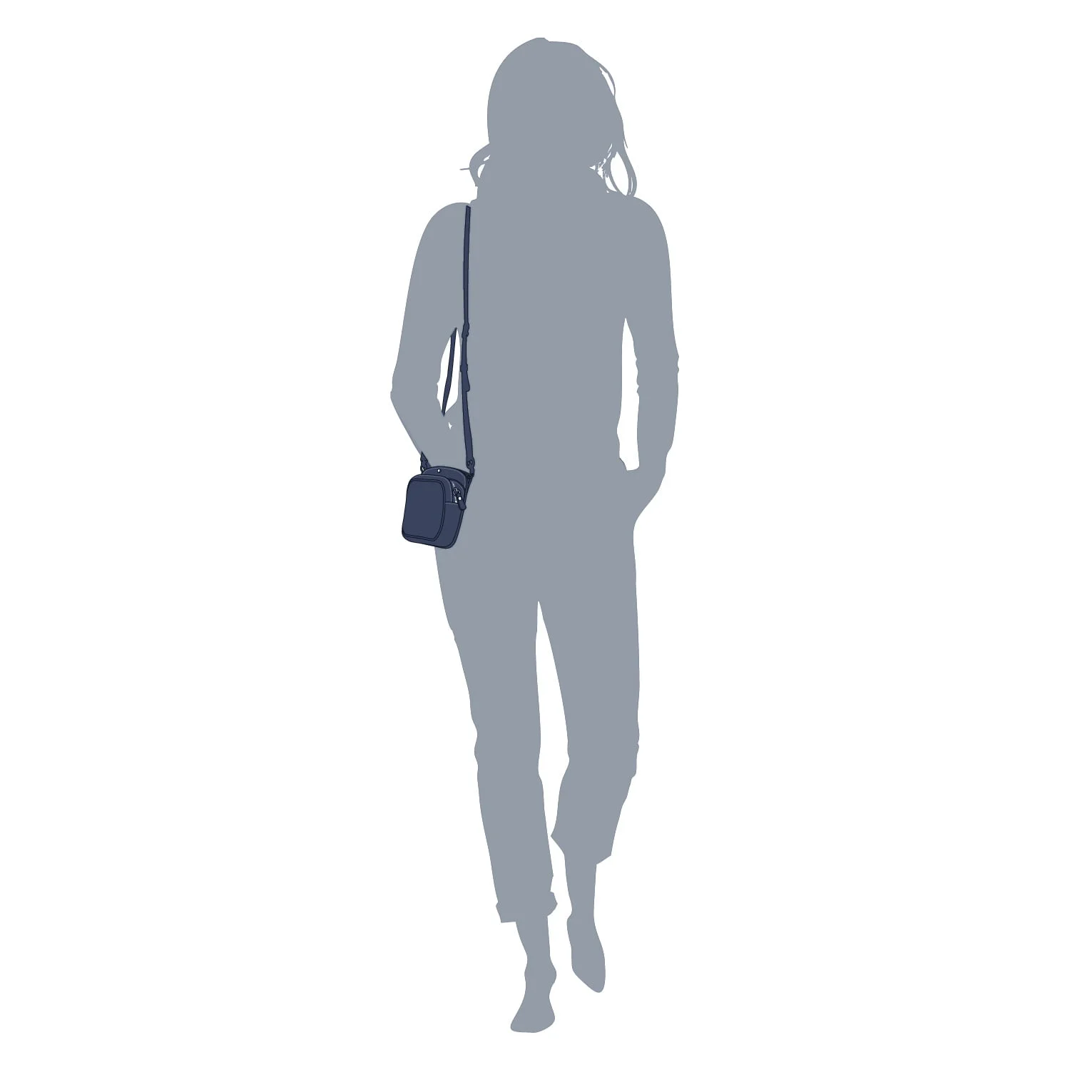 Silhouette d'une personne marchant, portant un petit sac à bandoulière.