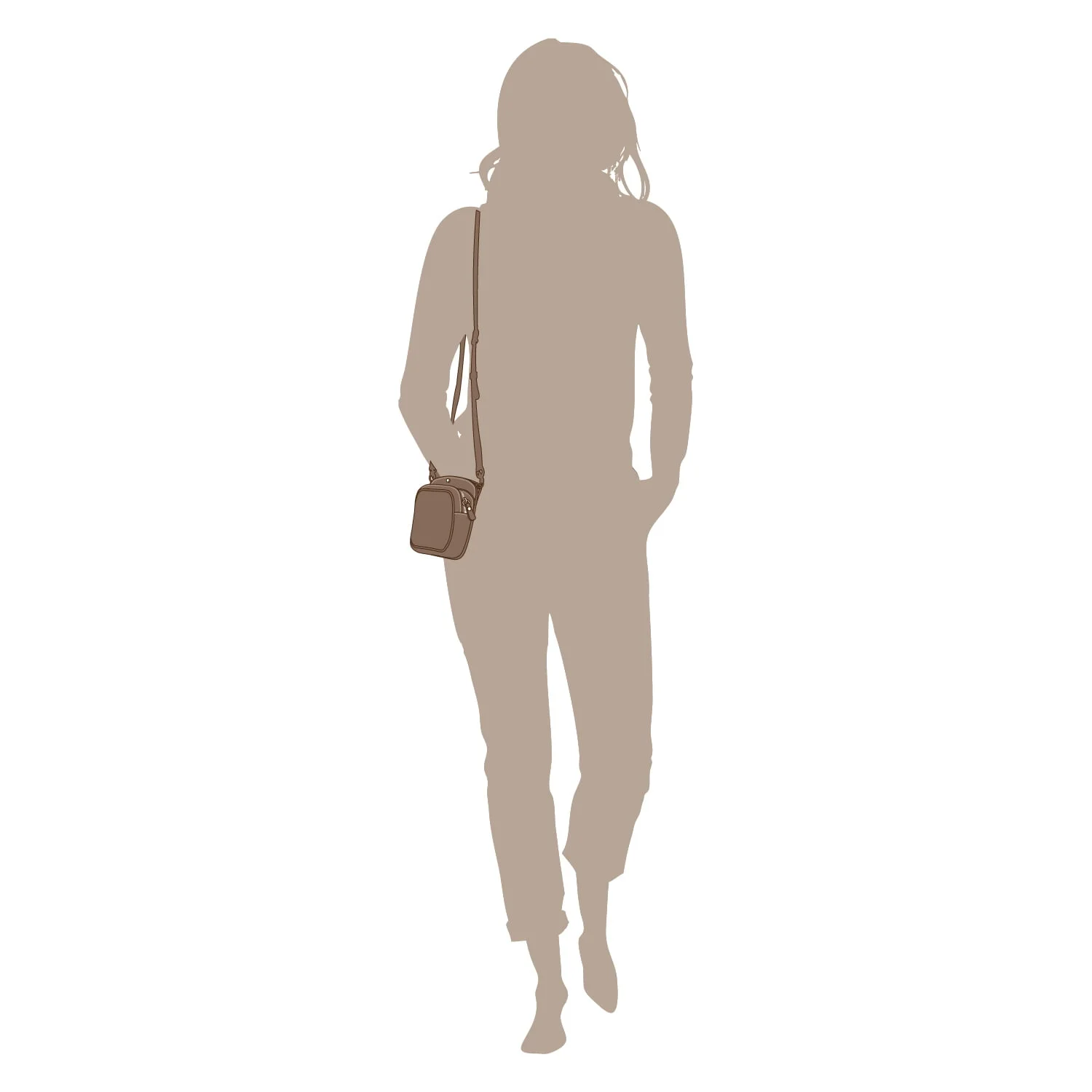 Silhouette d'une personne marchant avec un sac à bandoulière sur fond blanc.