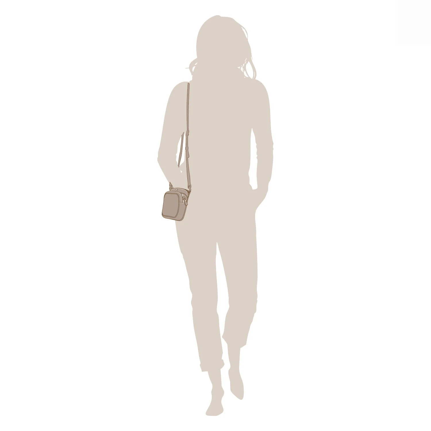 Silhouette d'une personne marchant avec un petit sac à bandoulière sur fond blanc.