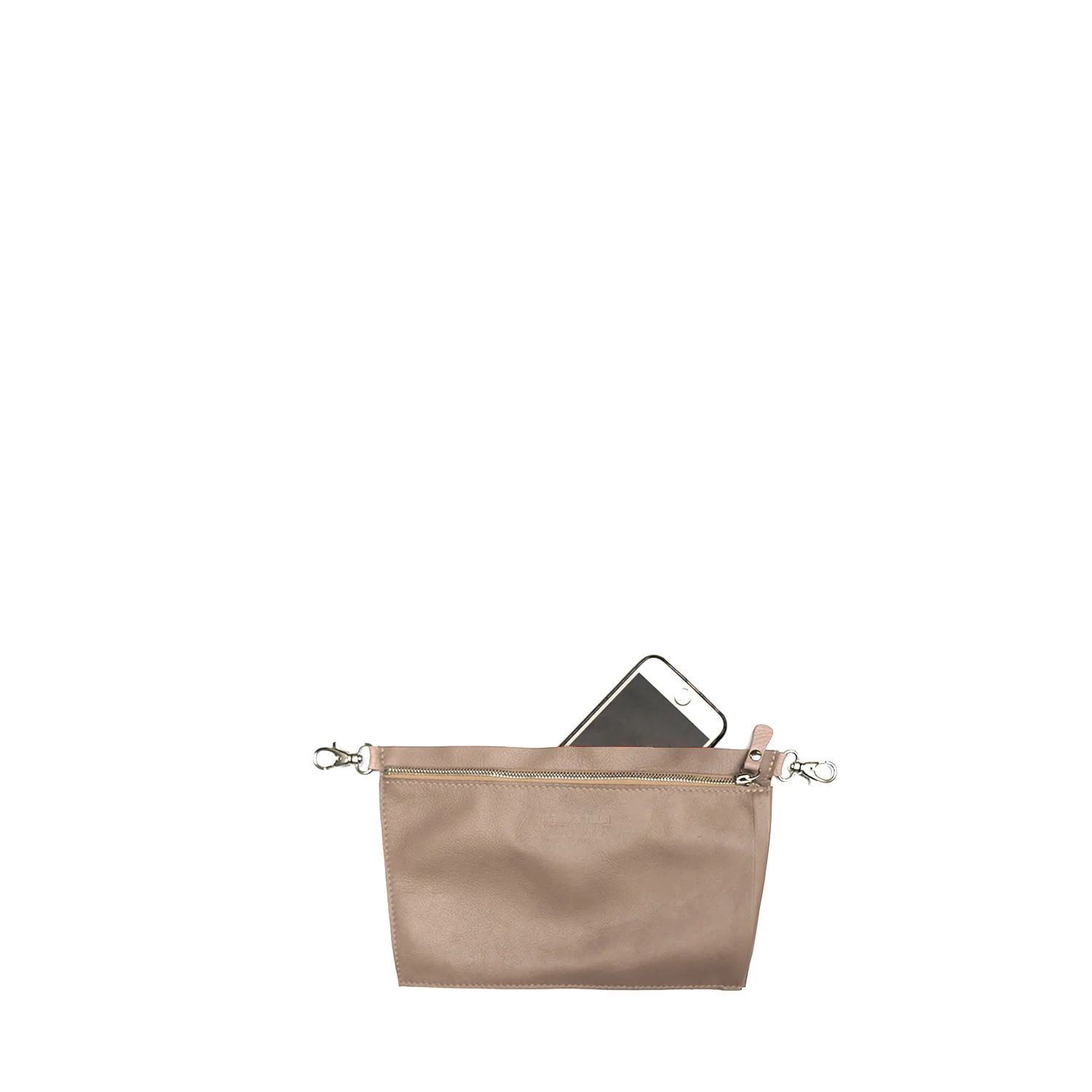 Pochette en cuir beige avec une fermeture éclair, pouvant contenir un smartphone partiellement visible, et de petits clips métalliques de chaque côté pour l'attacher.