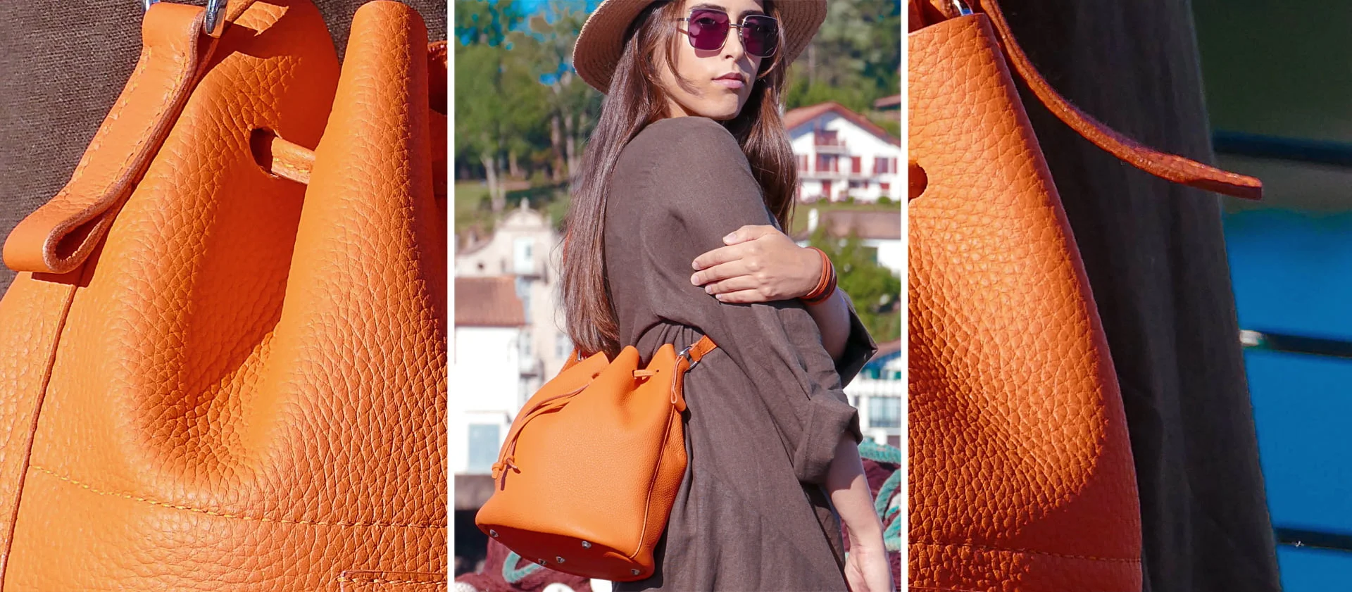 Une femme vêtue d'une tenue marron et d'un chapeau se tient à l'extérieur, tenant un sac à main en cuir orange avec un cordon de serrage. L'image est divisée en trois sections, mettant l'accent sur la texture et le design du sac.