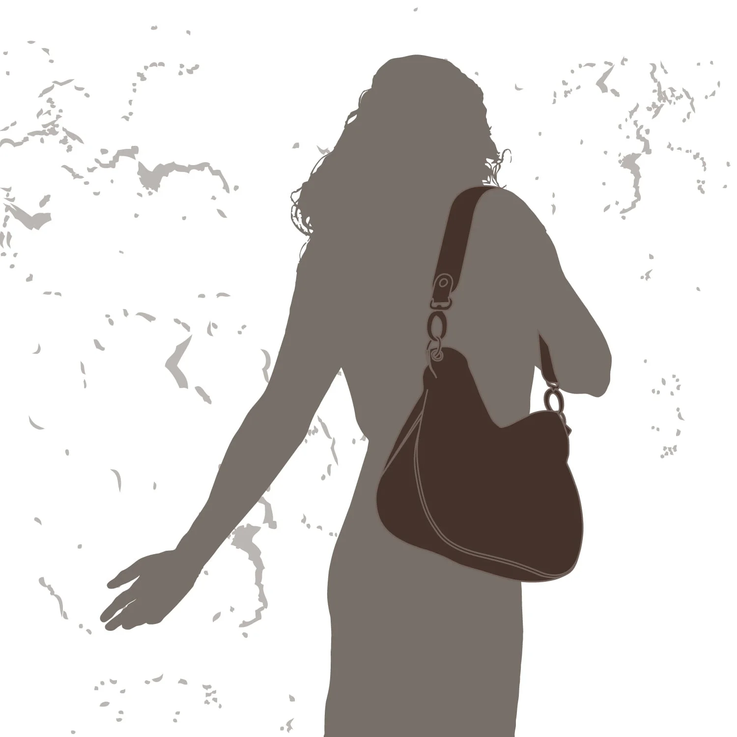 Silhouette d'une personne aux cheveux ondulés portant un sac à bandoulière, debout sur un fond blanc texturé.