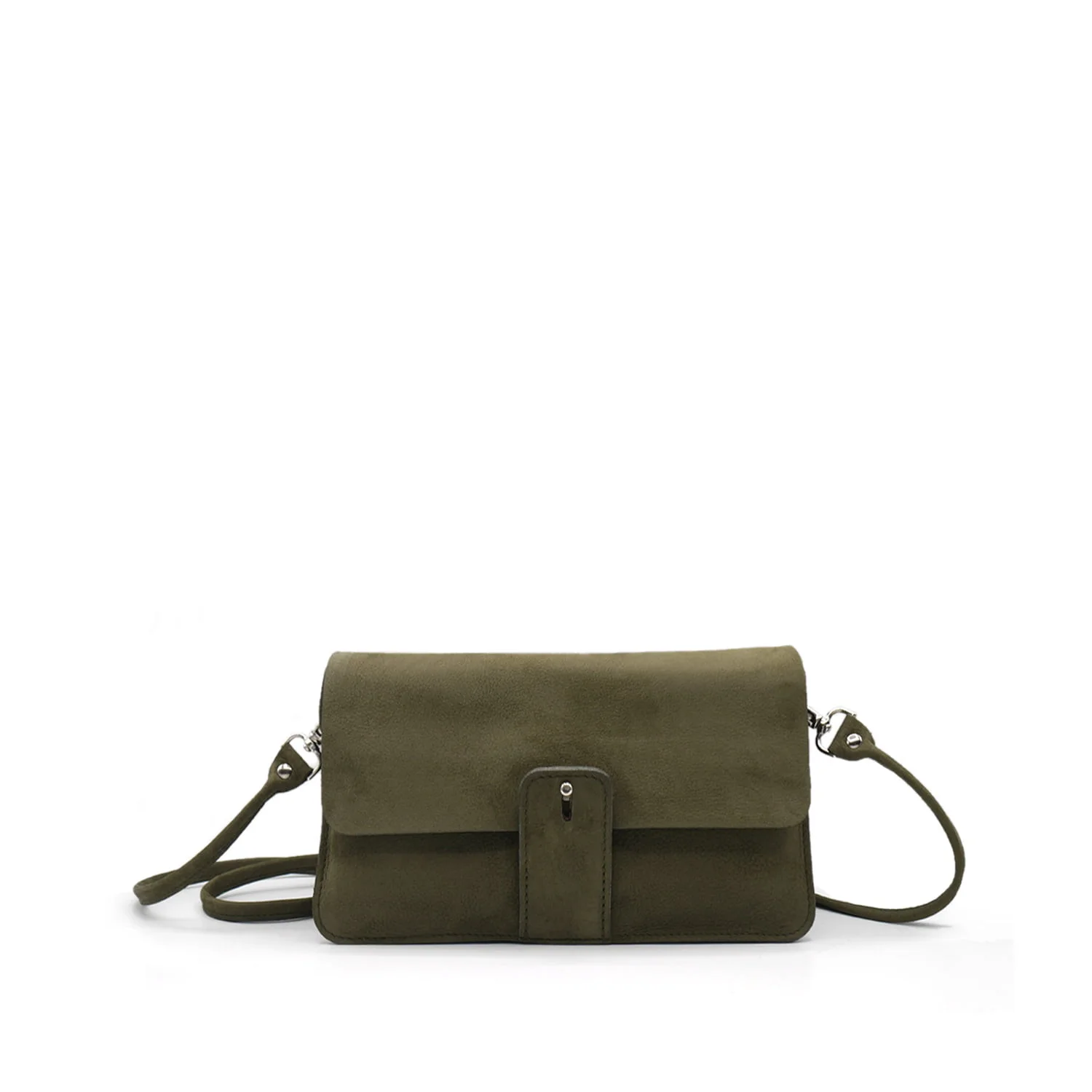 Un sac à bandoulière en daim vert avec un rabat avant et une fine bandoulière.