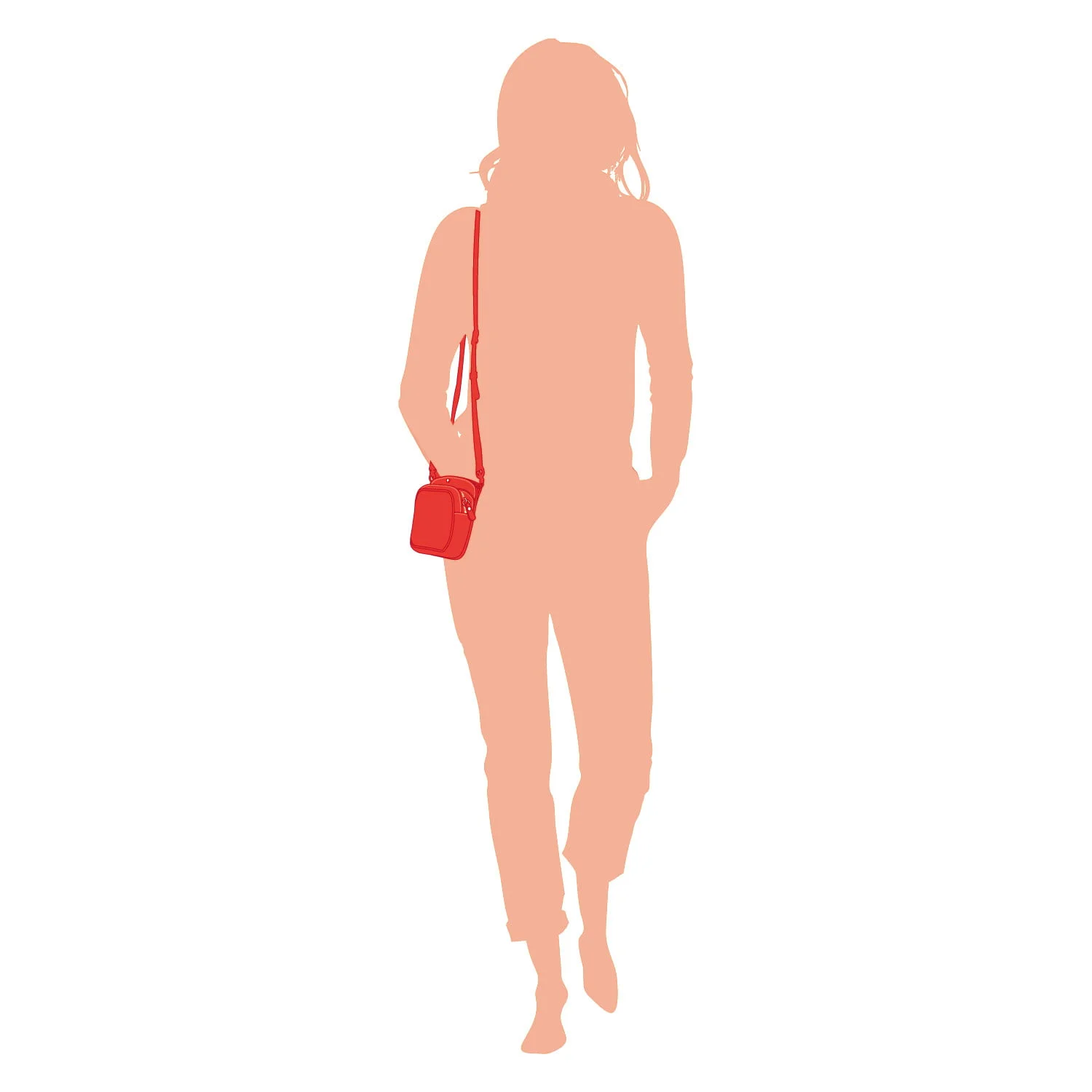 Silhouette d'une personne marchant vers l'avant avec un petit sac à bandoulière rouge.