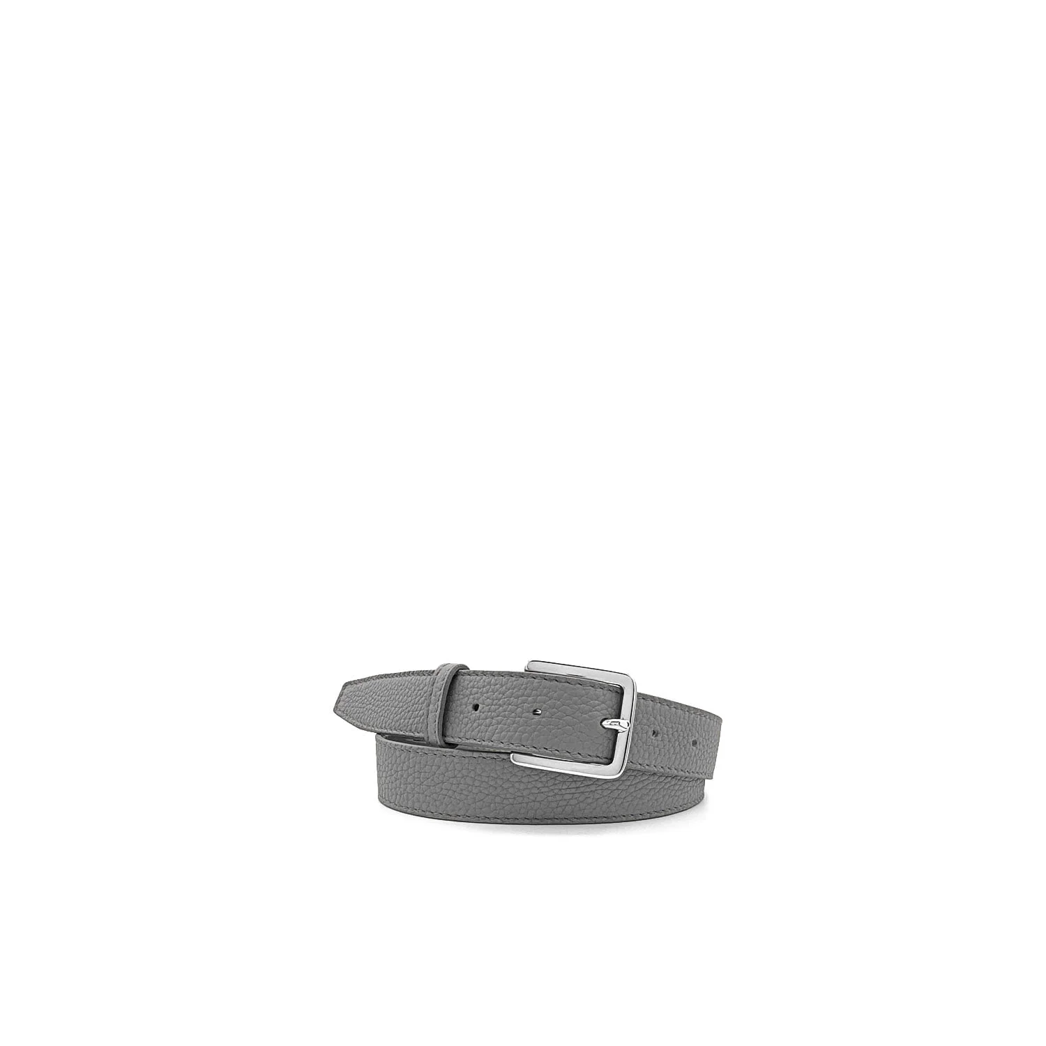 Ceinture en cuir gris avec une boucle rectangulaire argentée, enroulée sur fond blanc.