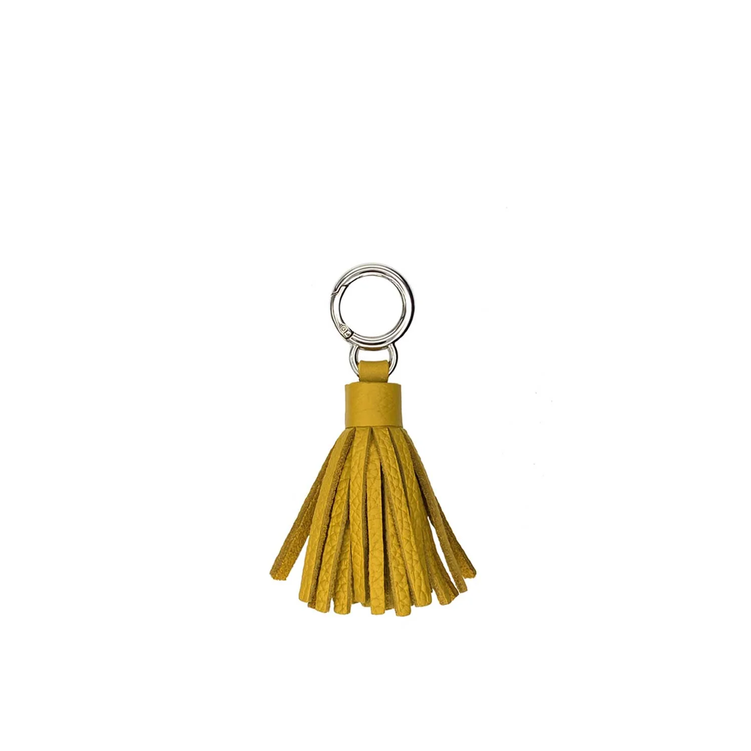 Porte-clés pompon en cuir jaune avec un anneau porte-clés argenté.