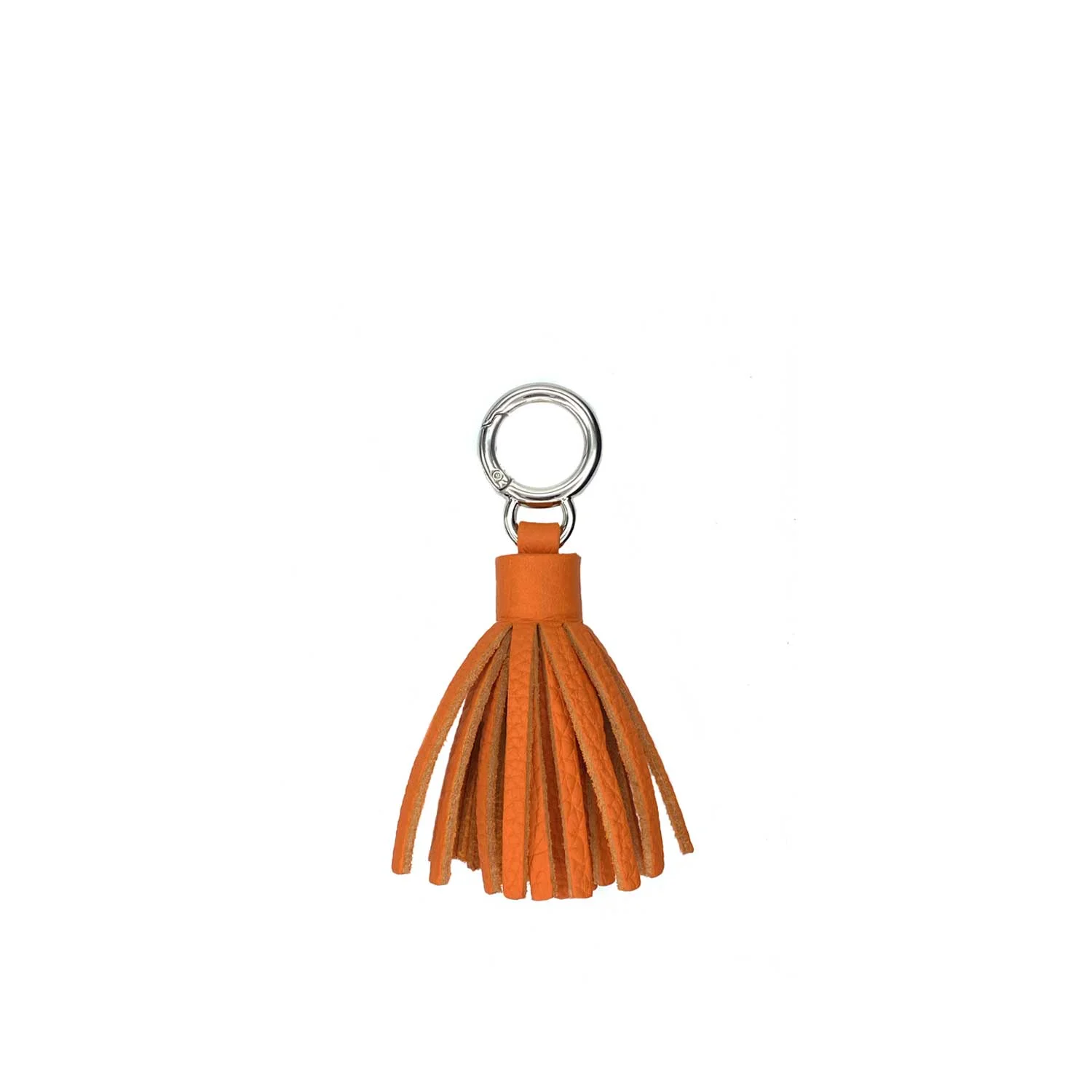 Porte-clés pompon orange avec attache anneau argenté.