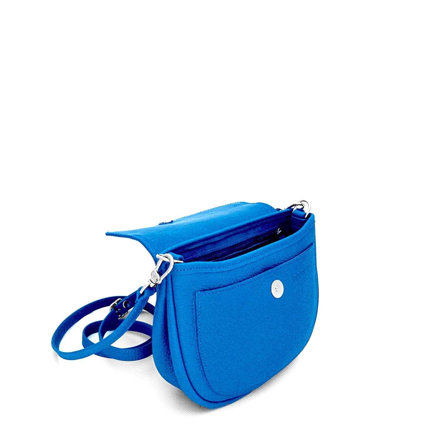 Le MIA est un sac à bandoulière bleu vif doté d'une fermeture à rabat, d'une poche avant avec bouton et d'une bandoulière réglable.