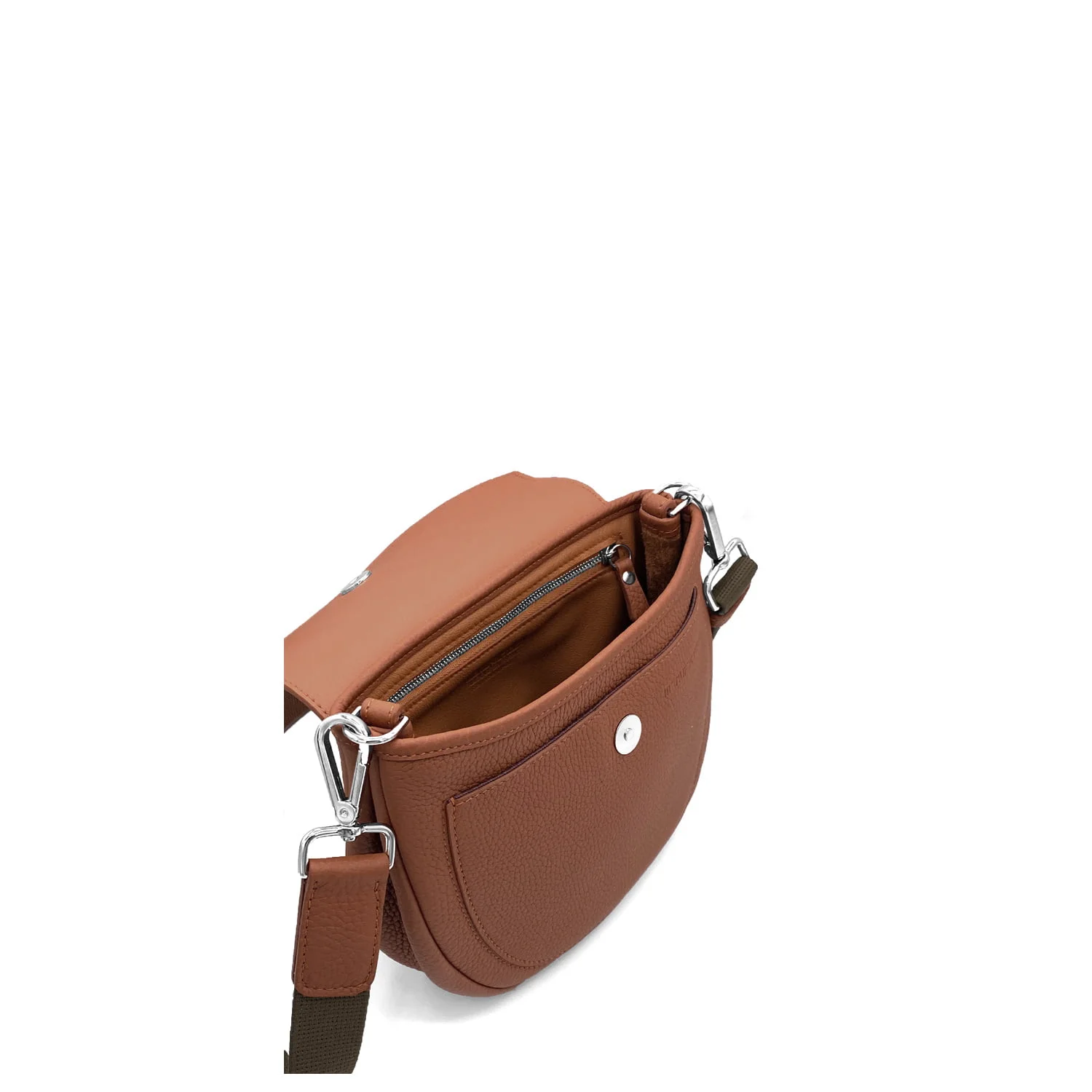 MIA Sangle est un sac à bandoulière en cuir marron doté d'une bandoulière amovible, présentant une poche supérieure ouverte et un compartiment zippé.