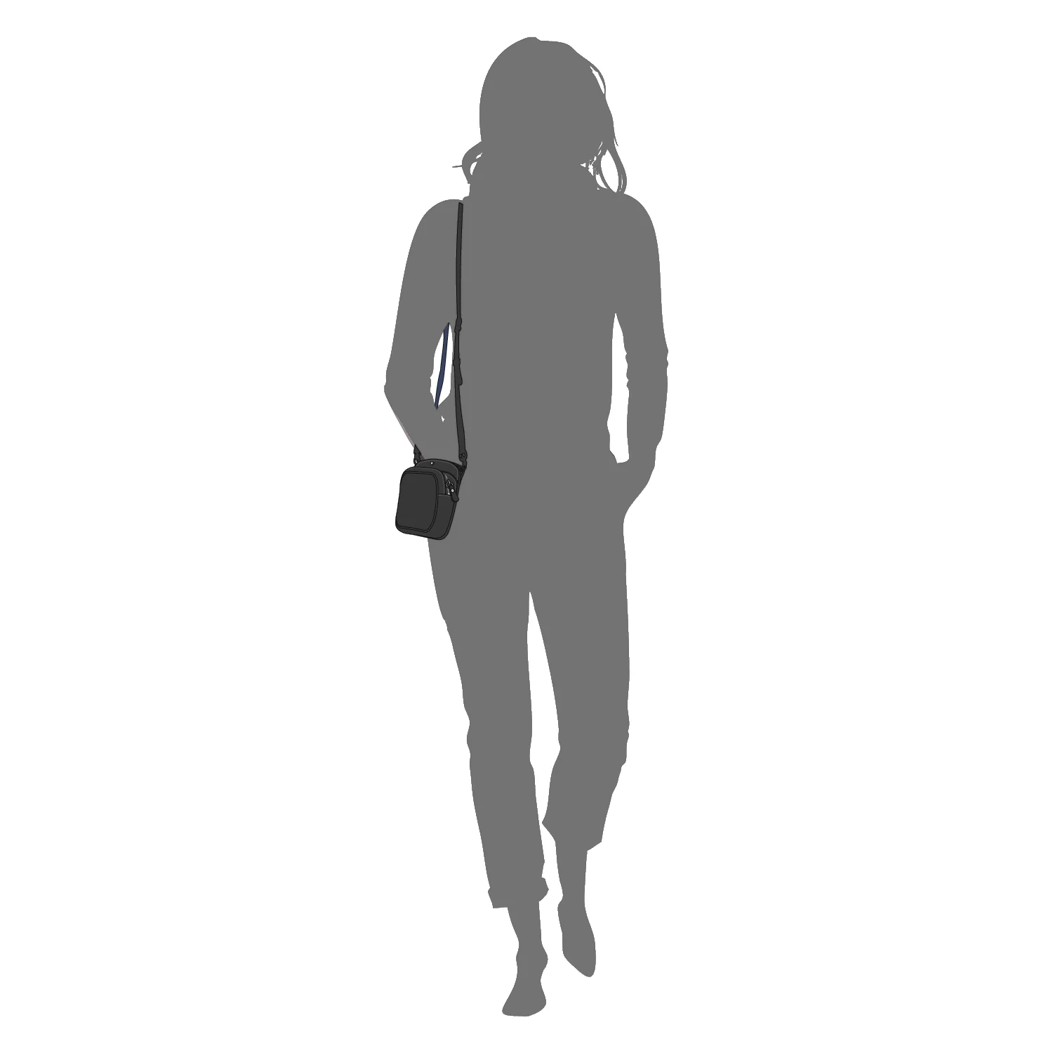 Silhouette d'une personne marchant avec une main dans une poche et un petit sac à bandoulière.