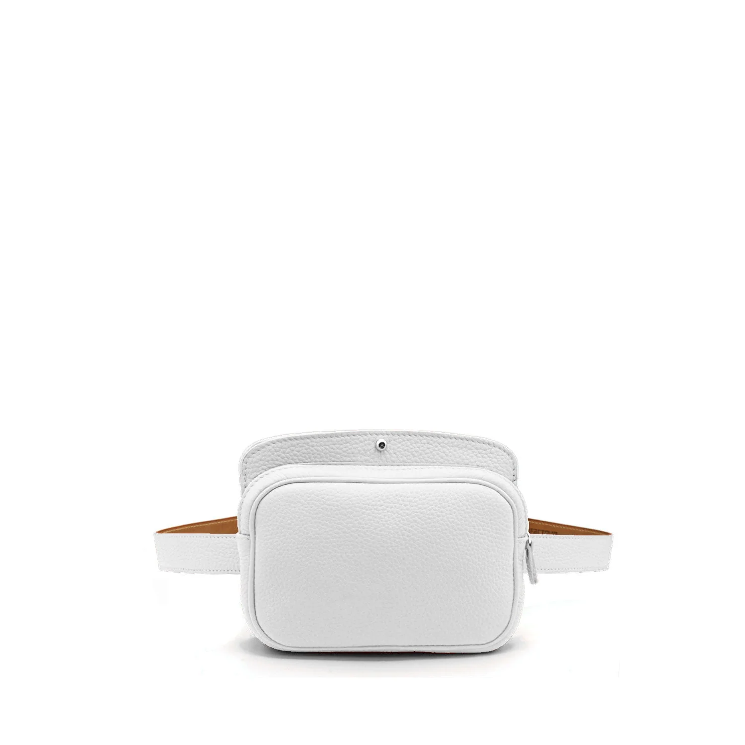 Un sac à bandoulière en cuir blanc avec une surface texturée et une bandoulière réglable marron, présenté sur un fond blanc.