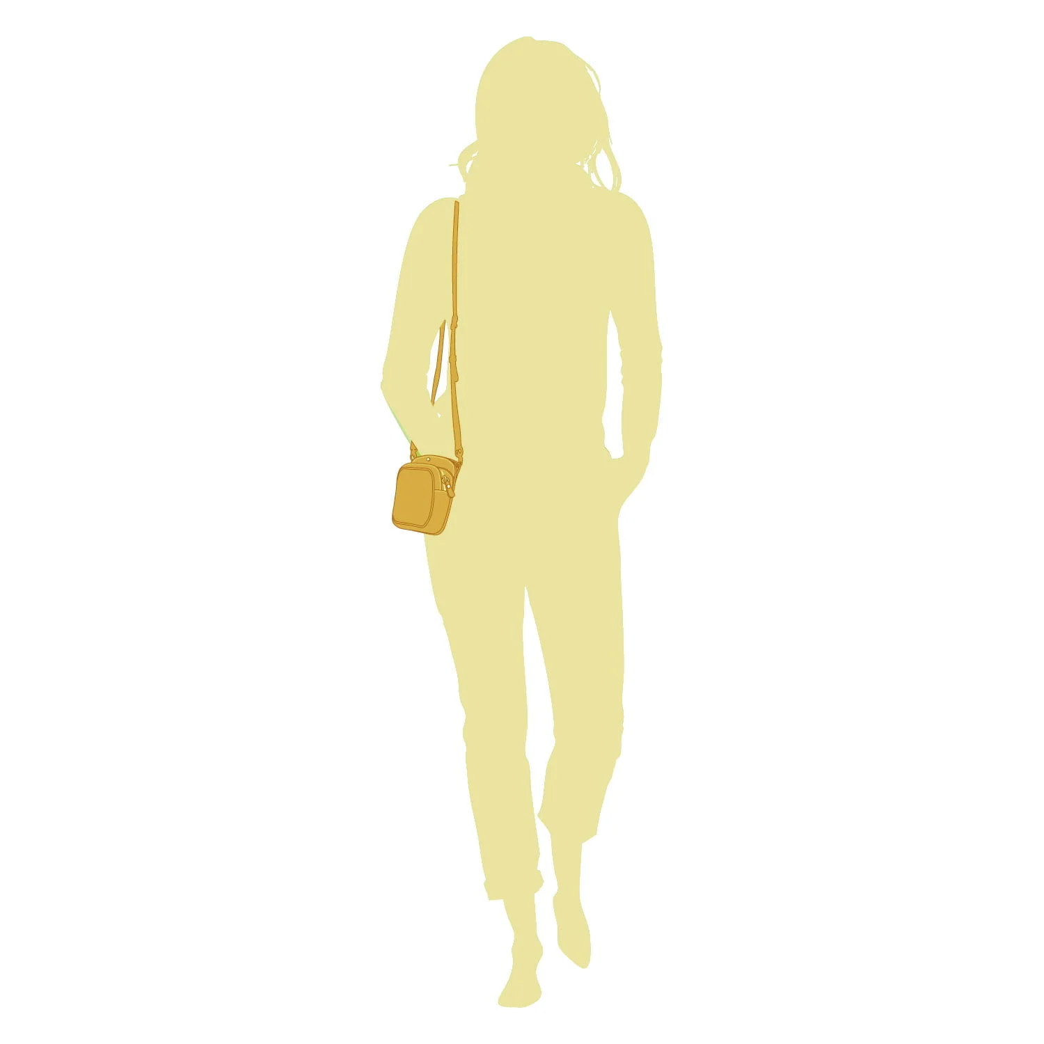 Silhouette d'une personne marchant avec un petit sac en bandoulière, une main dans la poche.