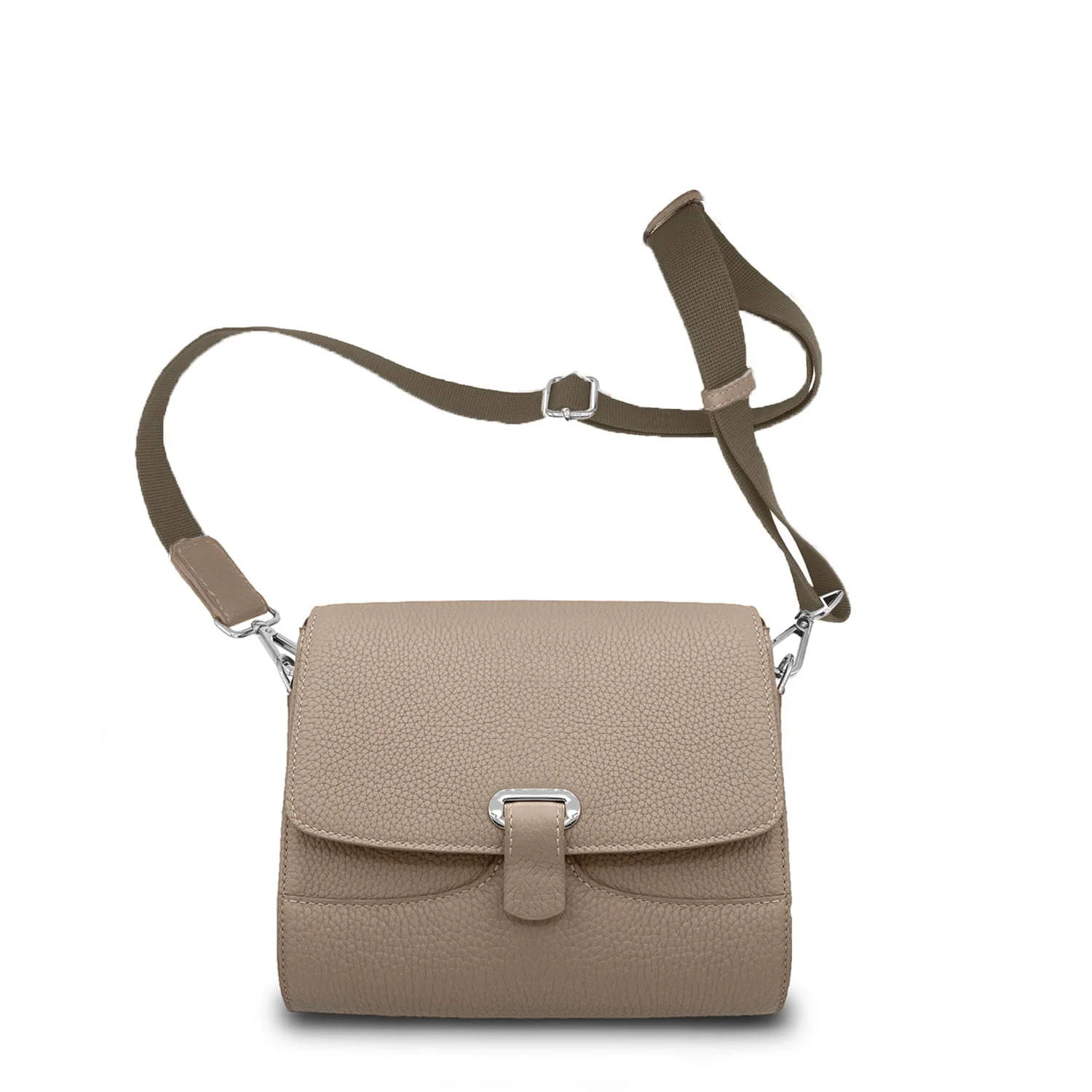 Le sac bandoulière SAM est doté d'un cuir beige avec une fermeture à rabat et une bandoulière vert foncé réglable.