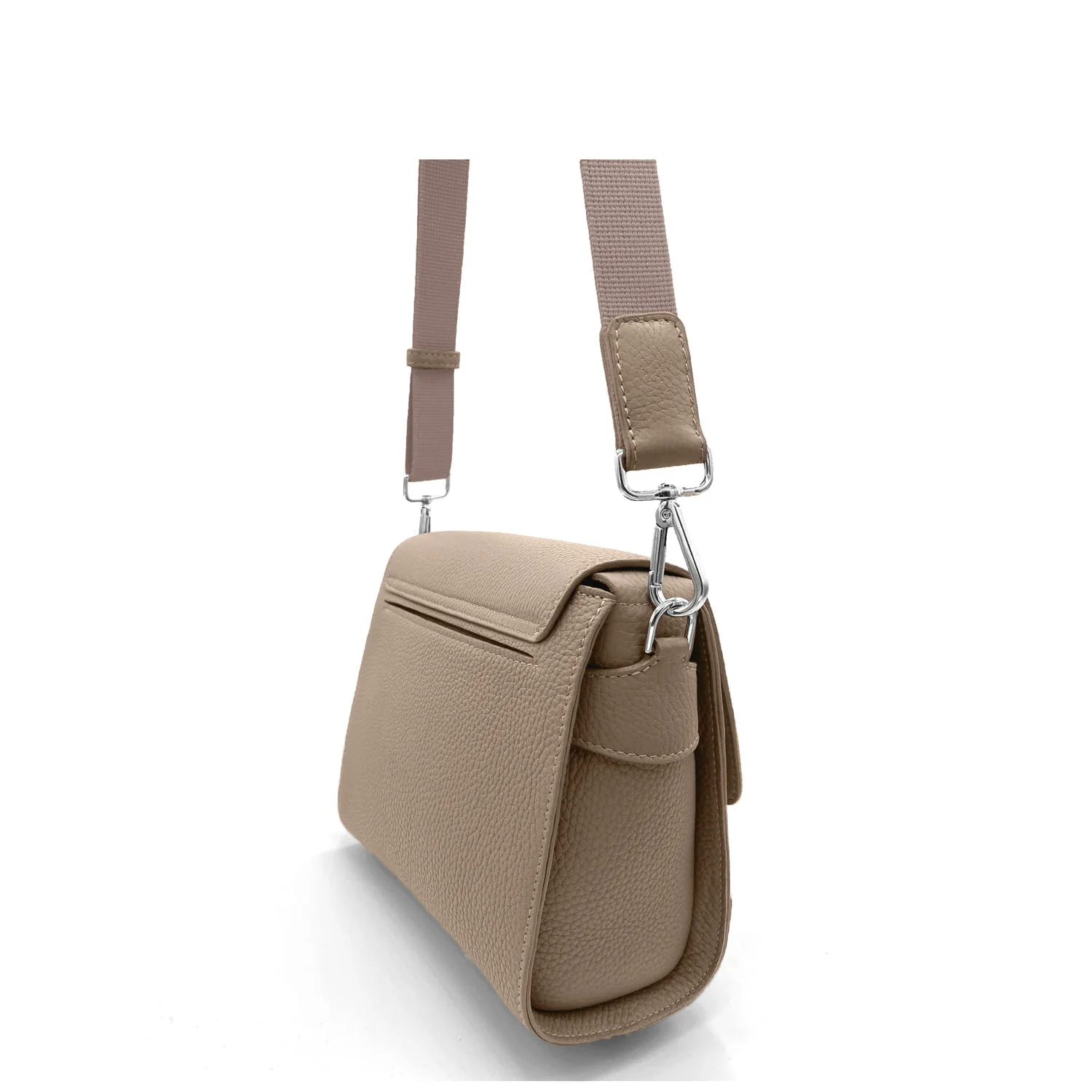 Sac à main en cuir beige avec bandoulière réglable, vue latérale.