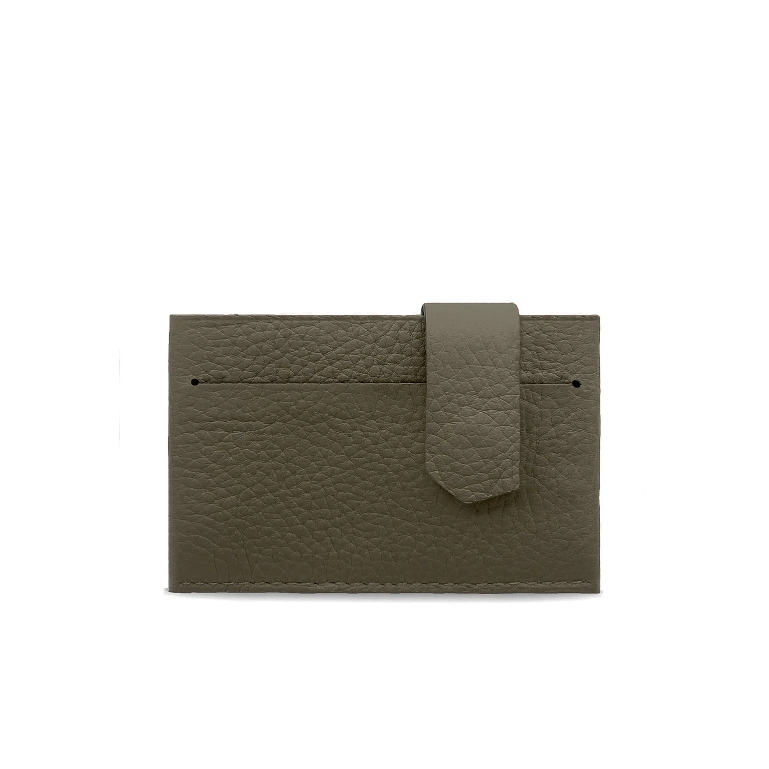Un porte-cartes en cuir vert avec une finition texturée et un détail de sangle horizontale sur le devant.