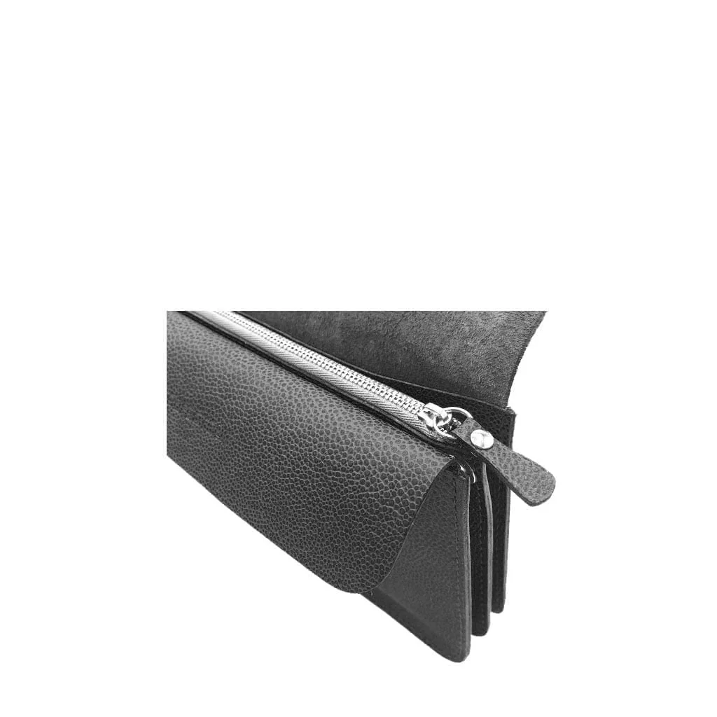 Gros plan d'un portefeuille en cuir noir avec une fermeture éclair visible.